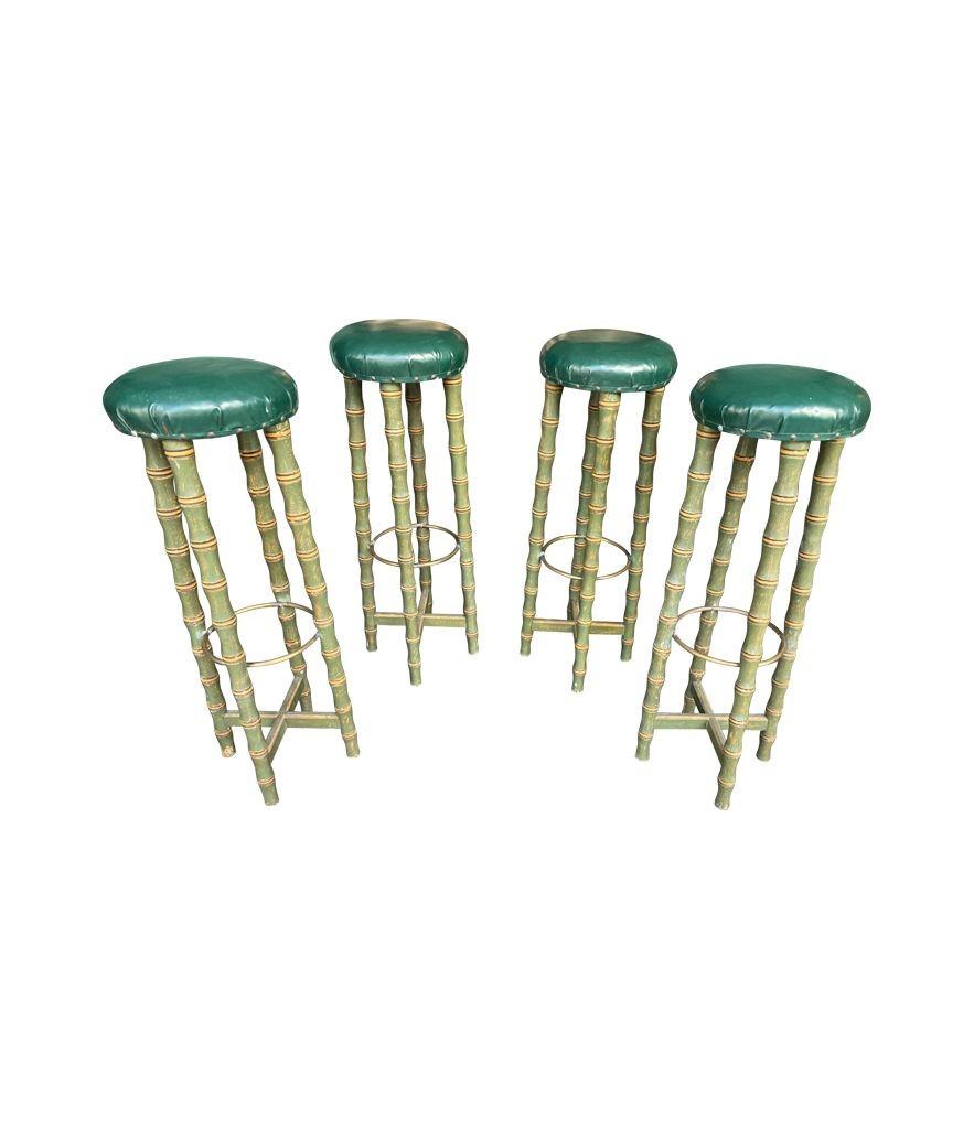 A set of four 1950s Spanish Faux bamboo wooden and brass stools For Sale 7