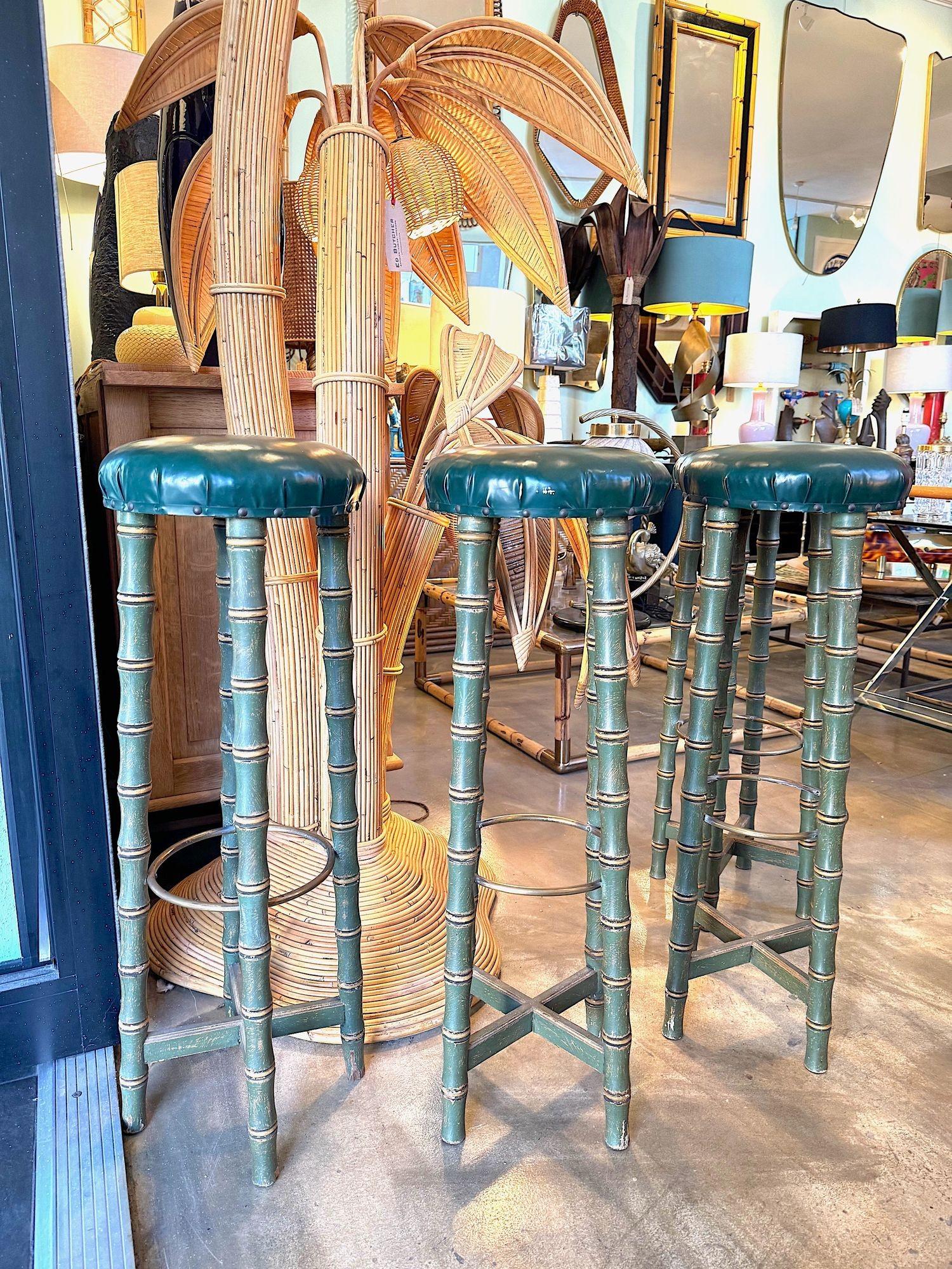 A set of four 1950s Spanish Faux bamboo wooden and brass stools For Sale 8