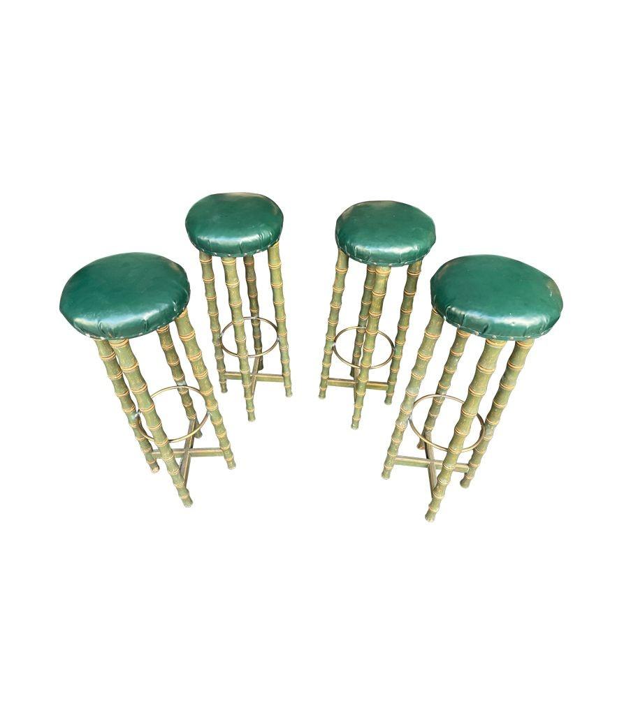 A set of four 1950s Spanish Faux bamboo wooden and brass stools For Sale 10