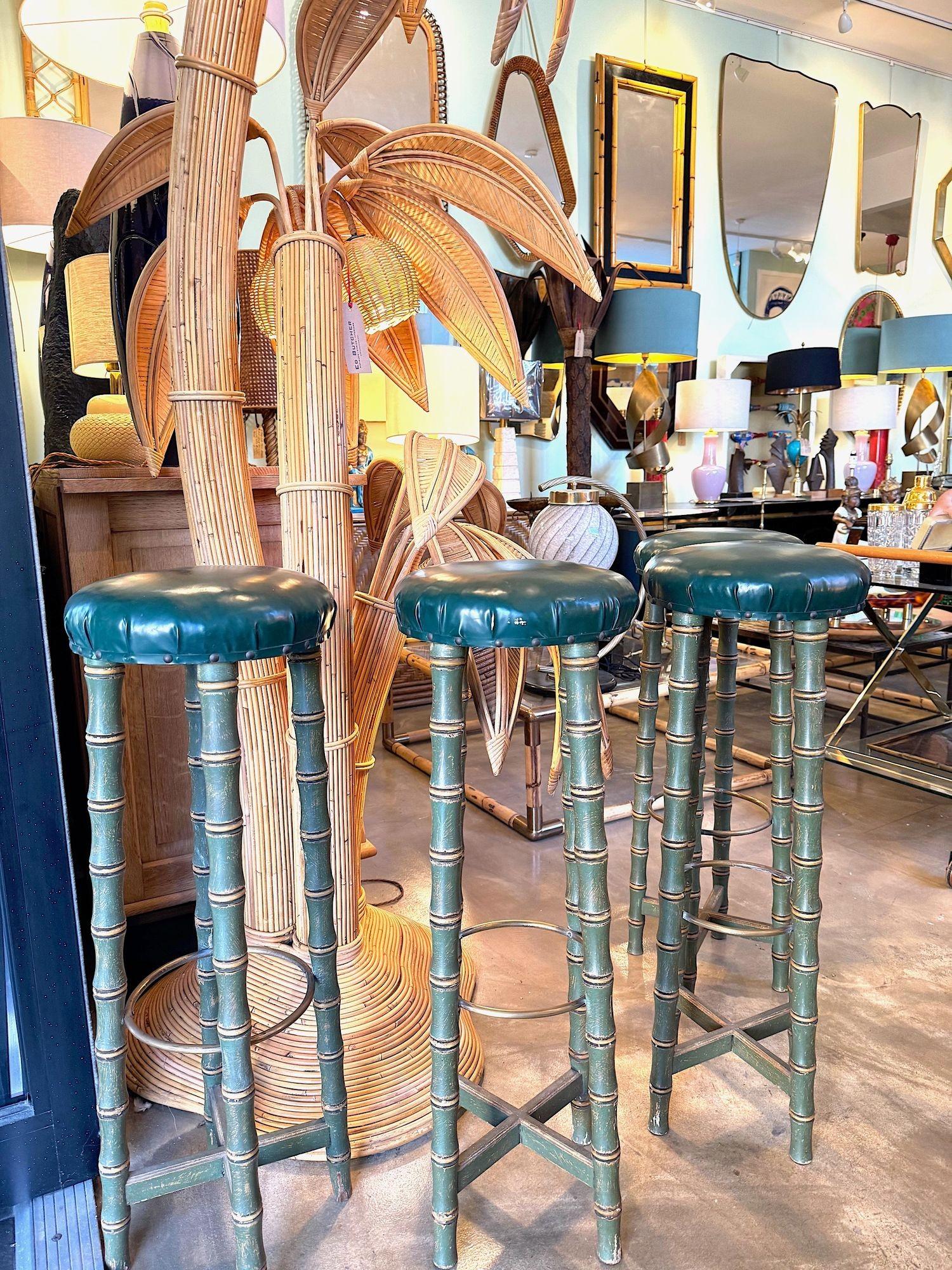 A set of four 1950s Spanish Faux bamboo wooden and brass stools For Sale 11