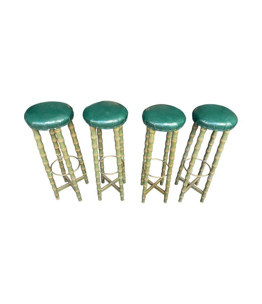 Brass A set of four 1950s Spanish Faux bamboo wooden and brass stools For Sale
