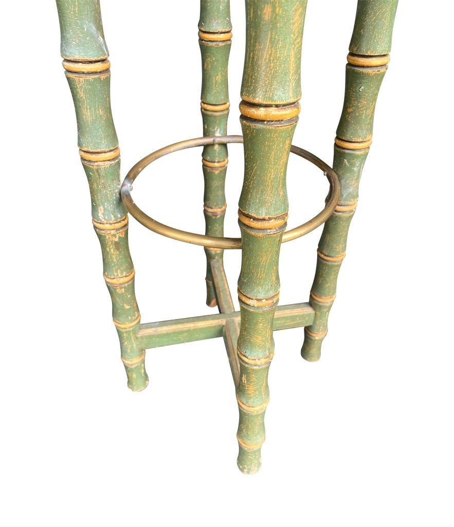 A set of four 1950s Spanish Faux bamboo wooden and brass stools For Sale 1