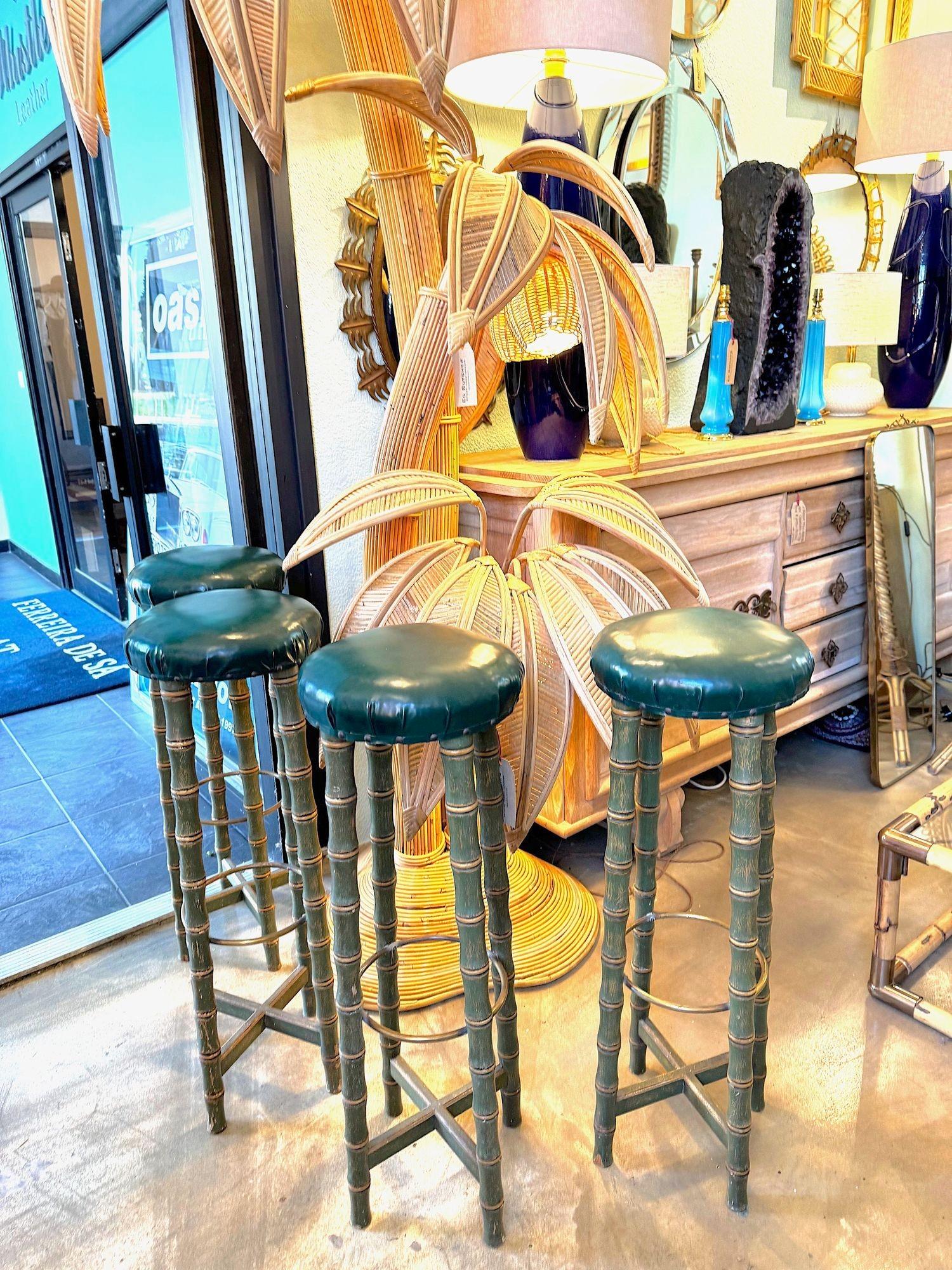 A set of four 1950s Spanish Faux bamboo wooden and brass stools For Sale 2