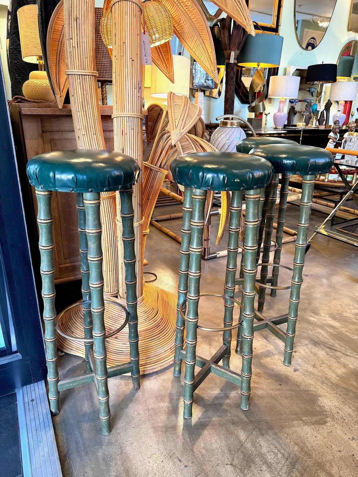 A set of four 1950s Spanish Faux bamboo wooden and brass stools For Sale 4