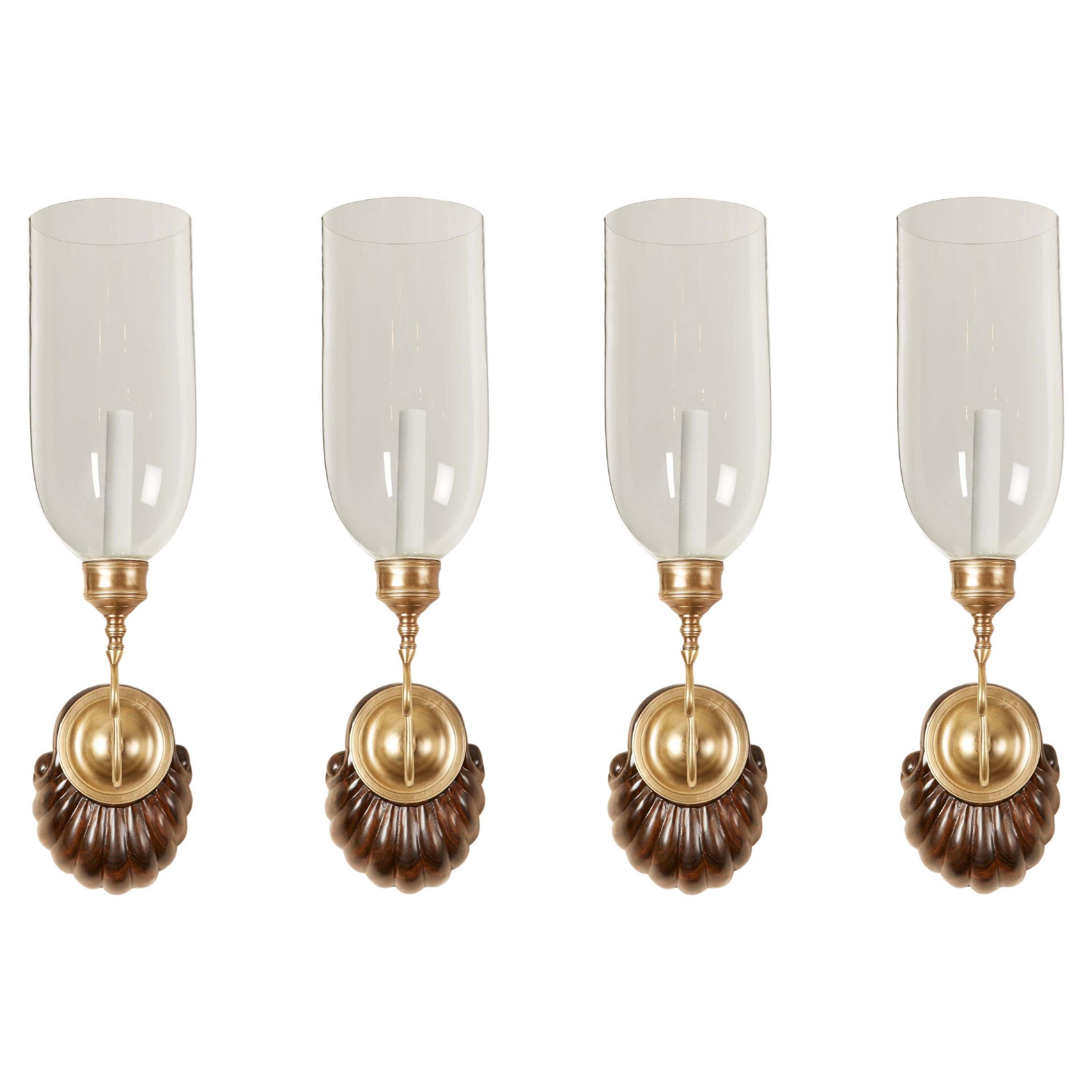 Set of Four David Duncan Scallop Shell Sconces with Clear Hurricane Shades 