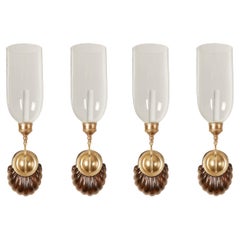 Set of Four David Duncan Scallop Shell Sconces with Clear Hurricane Shades 
