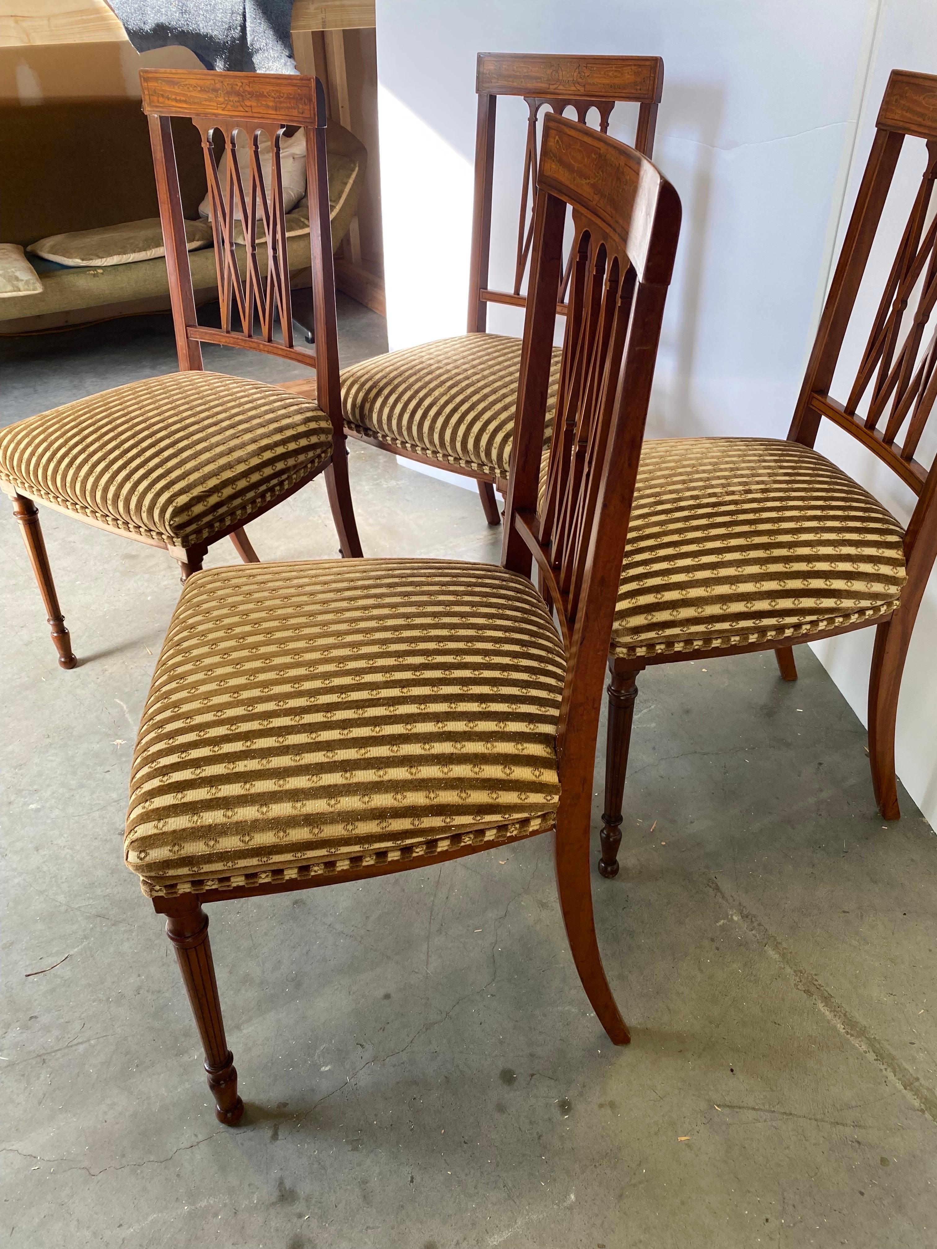 Fabric A Set of Four Antique Edwardian Inlaid Side Chairs  For Sale
