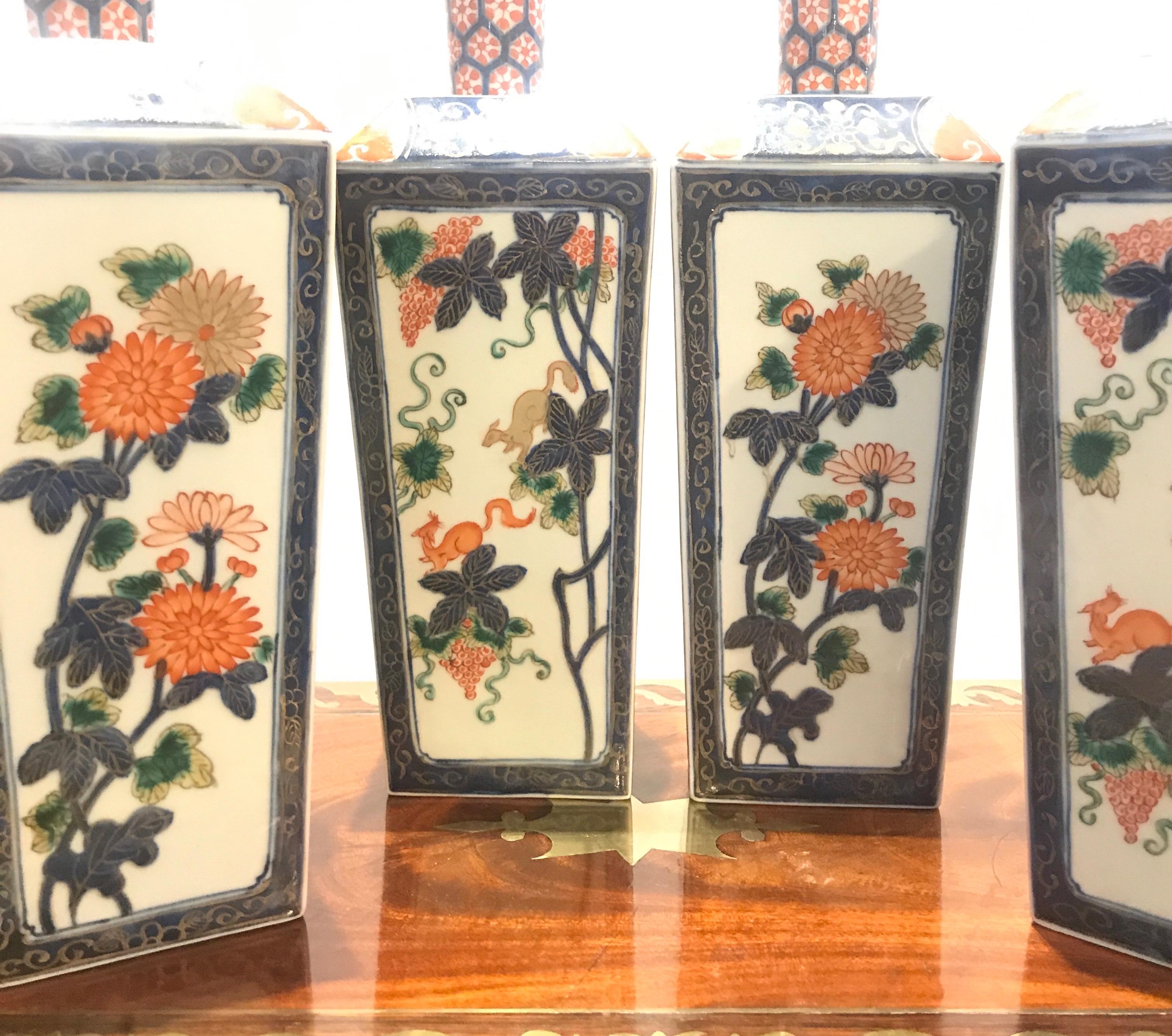 Japanese Set of Four Antique Imari Bottle Vases Meiji Period