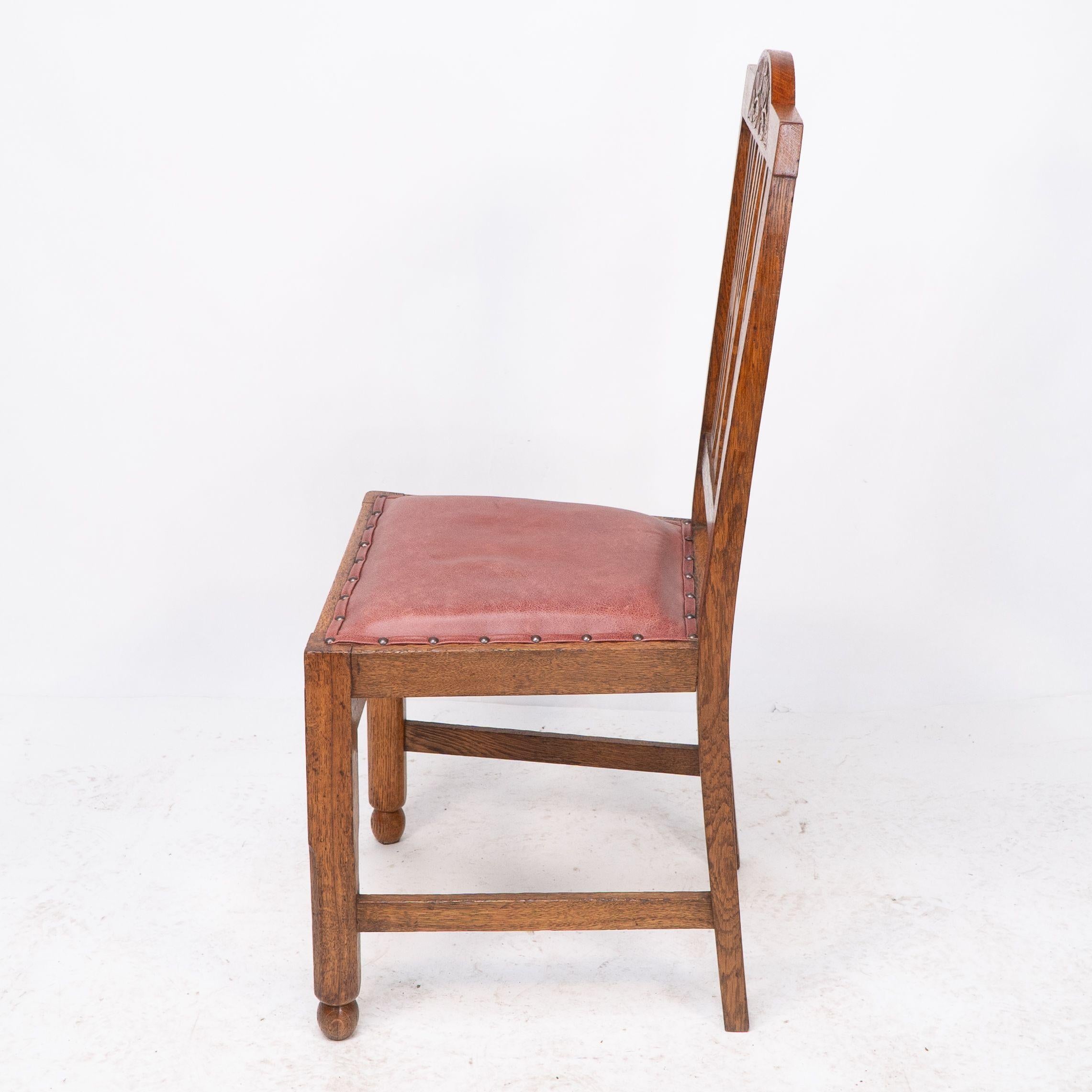 A set of four Arts and Crafts dining chairs with nicely carved floral decoration For Sale 8