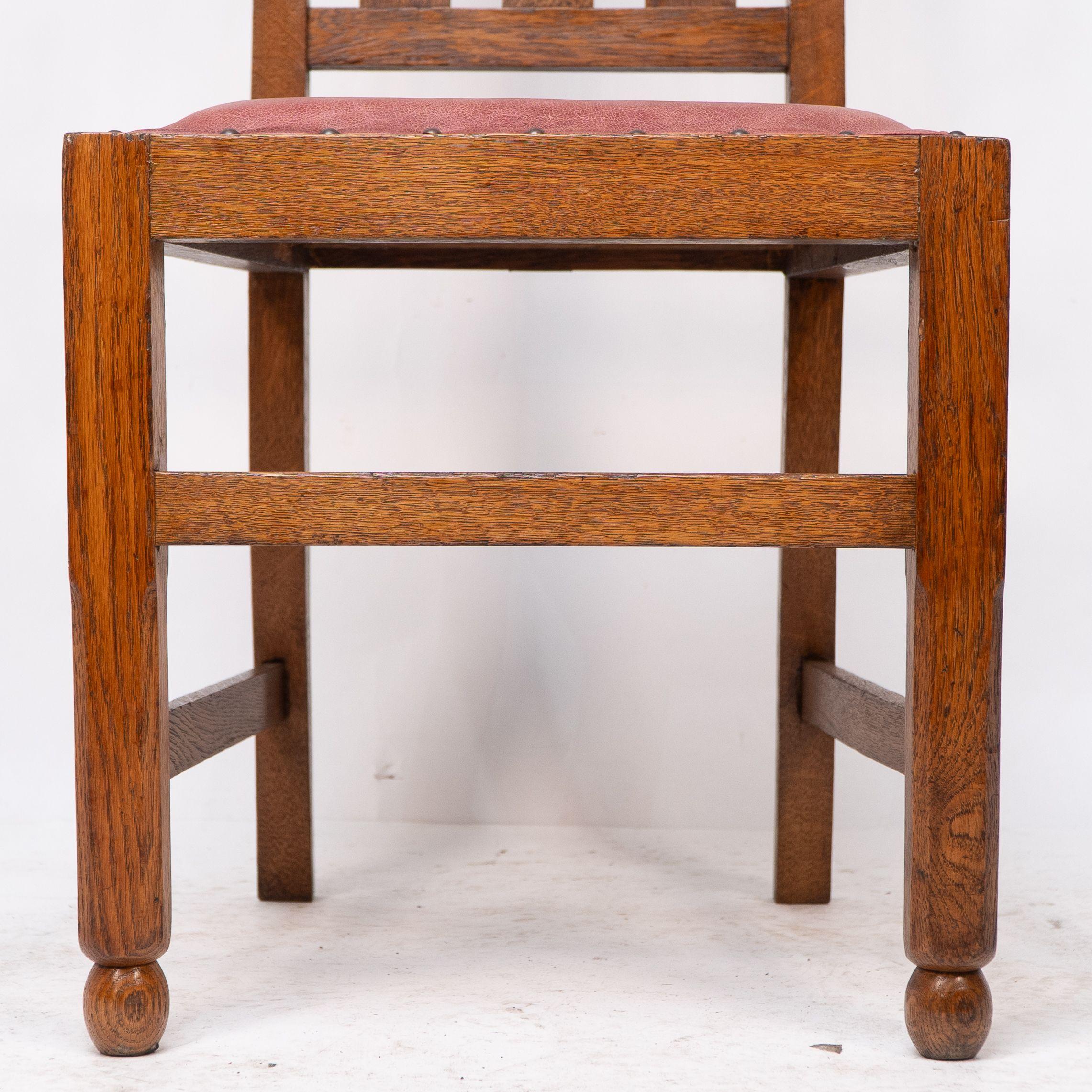 A set of four Arts and Crafts dining chairs with nicely carved floral decoration For Sale 12