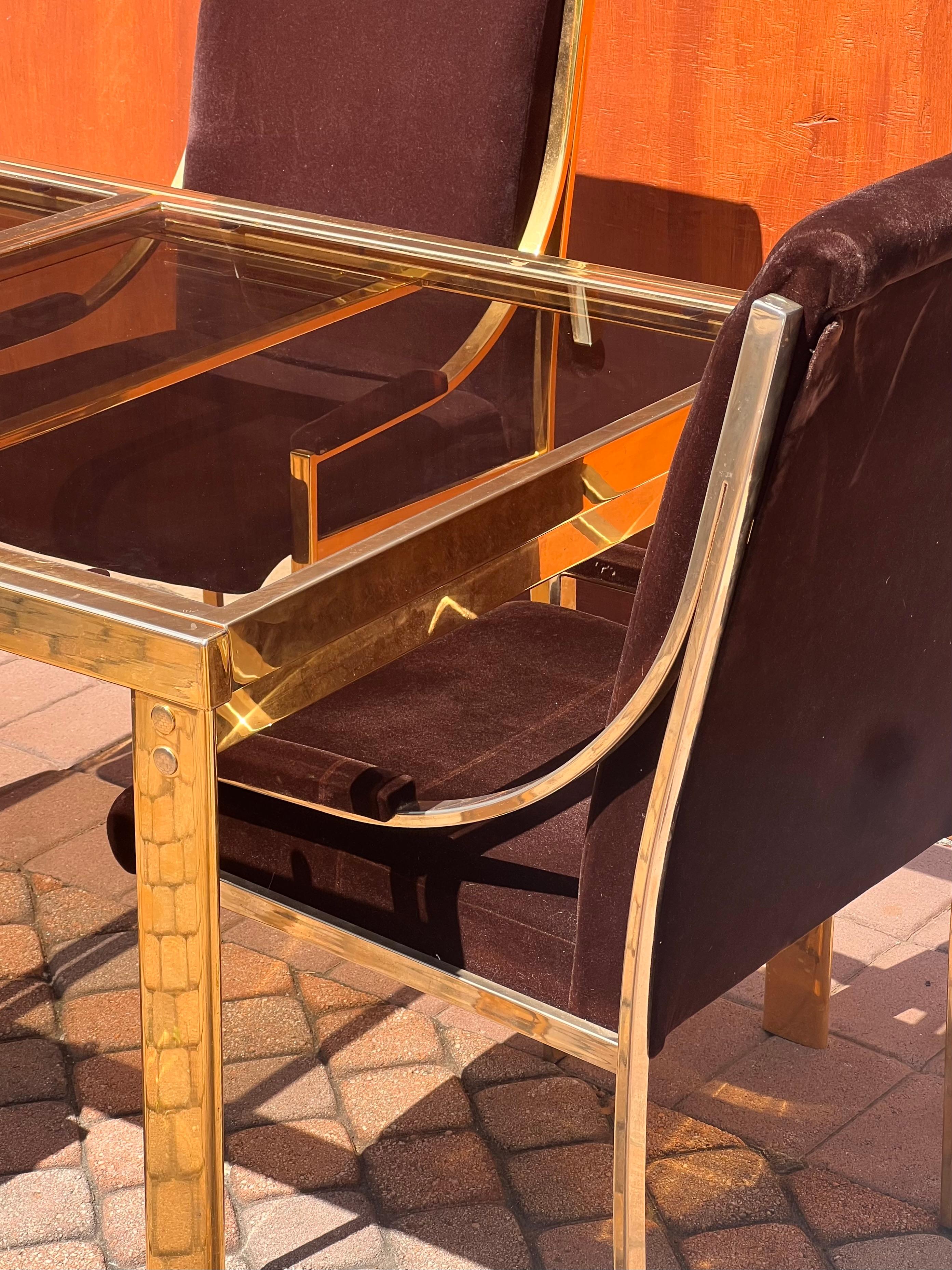 A set of four brass and brown velvet dining room chairs, 20th century For Sale 3