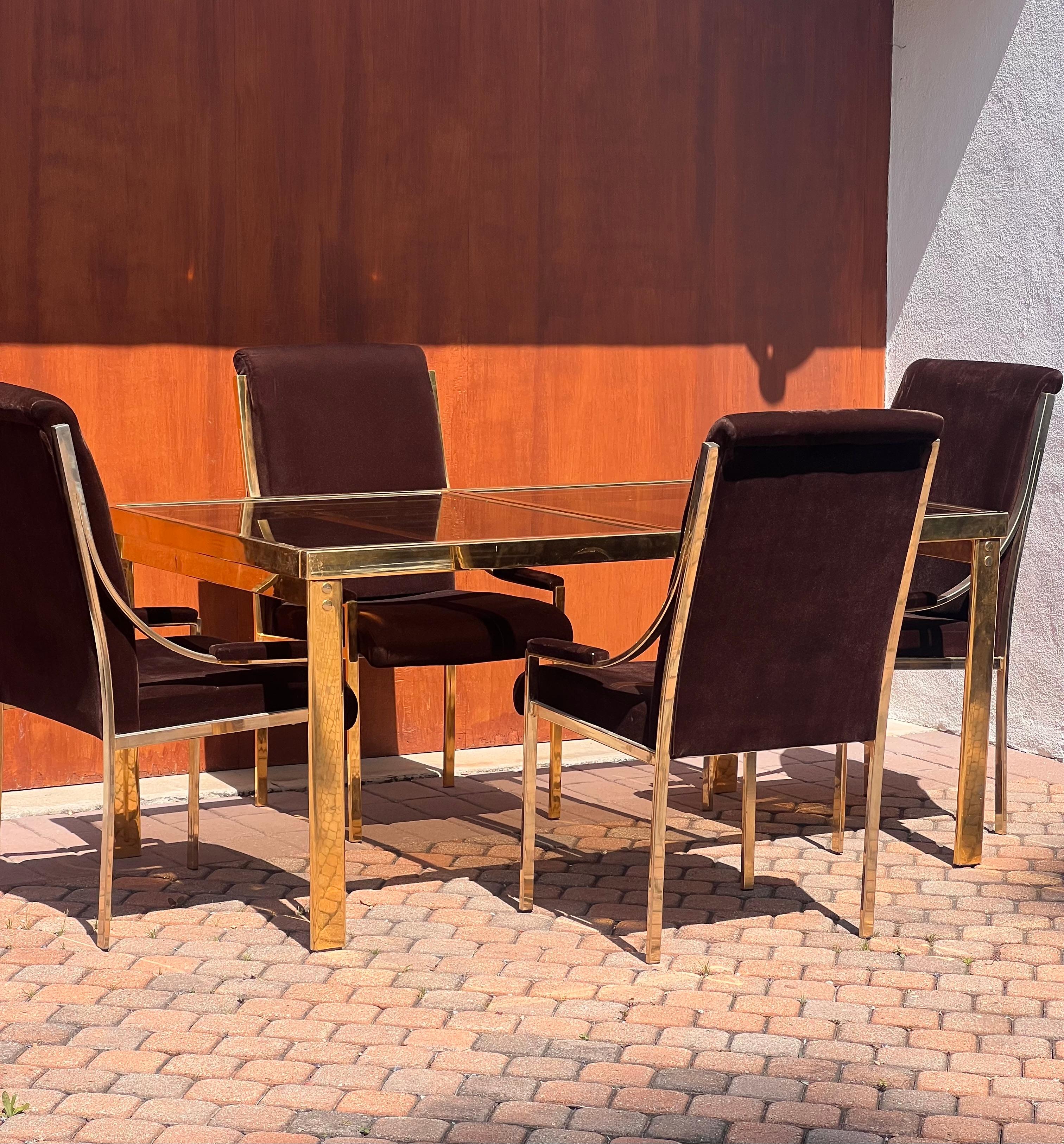 A set of four brass and brown velvet dining room chairs, 20th century For Sale 4