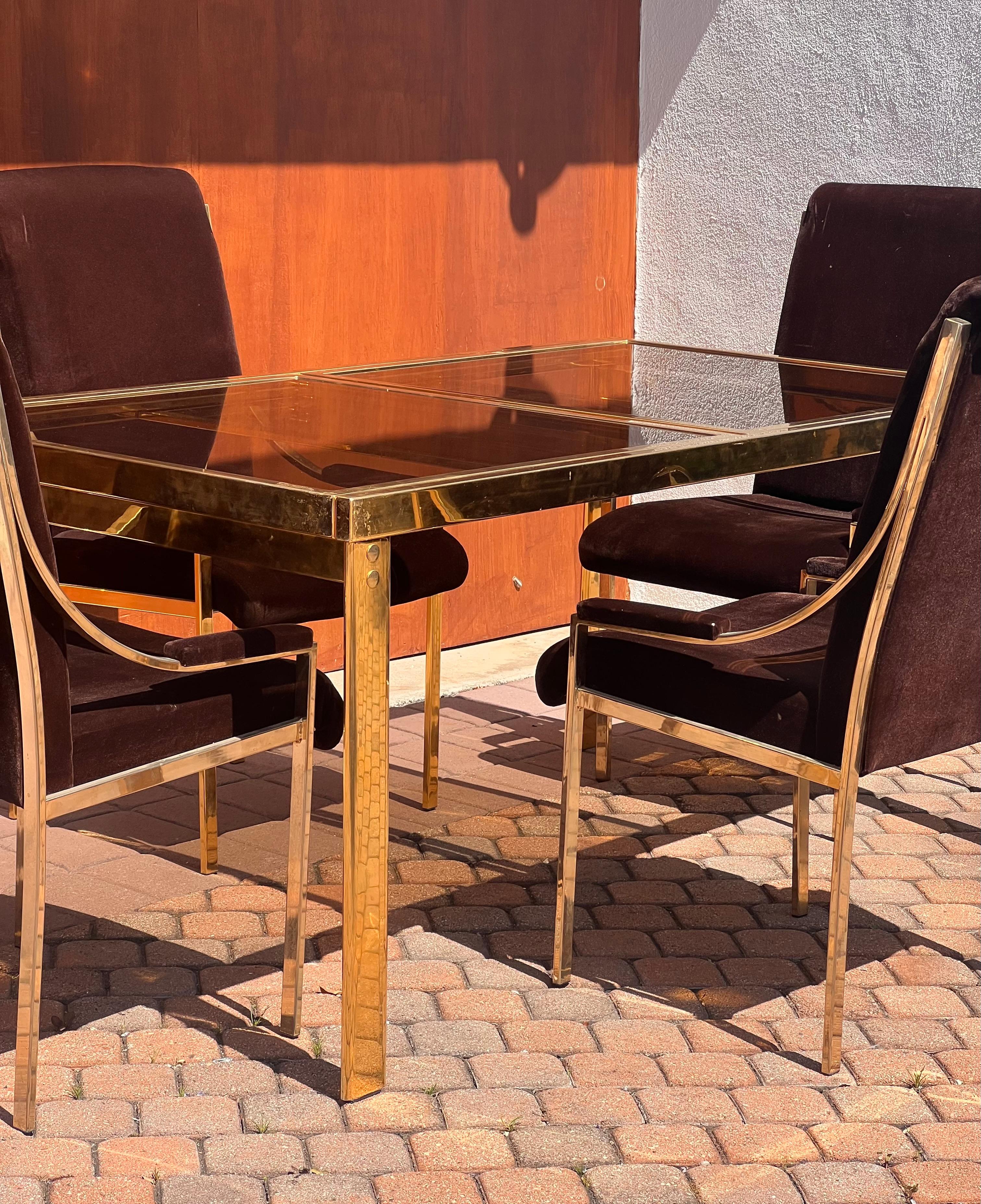 A set of four brass and brown velvet dining room chairs, 20th century For Sale 5