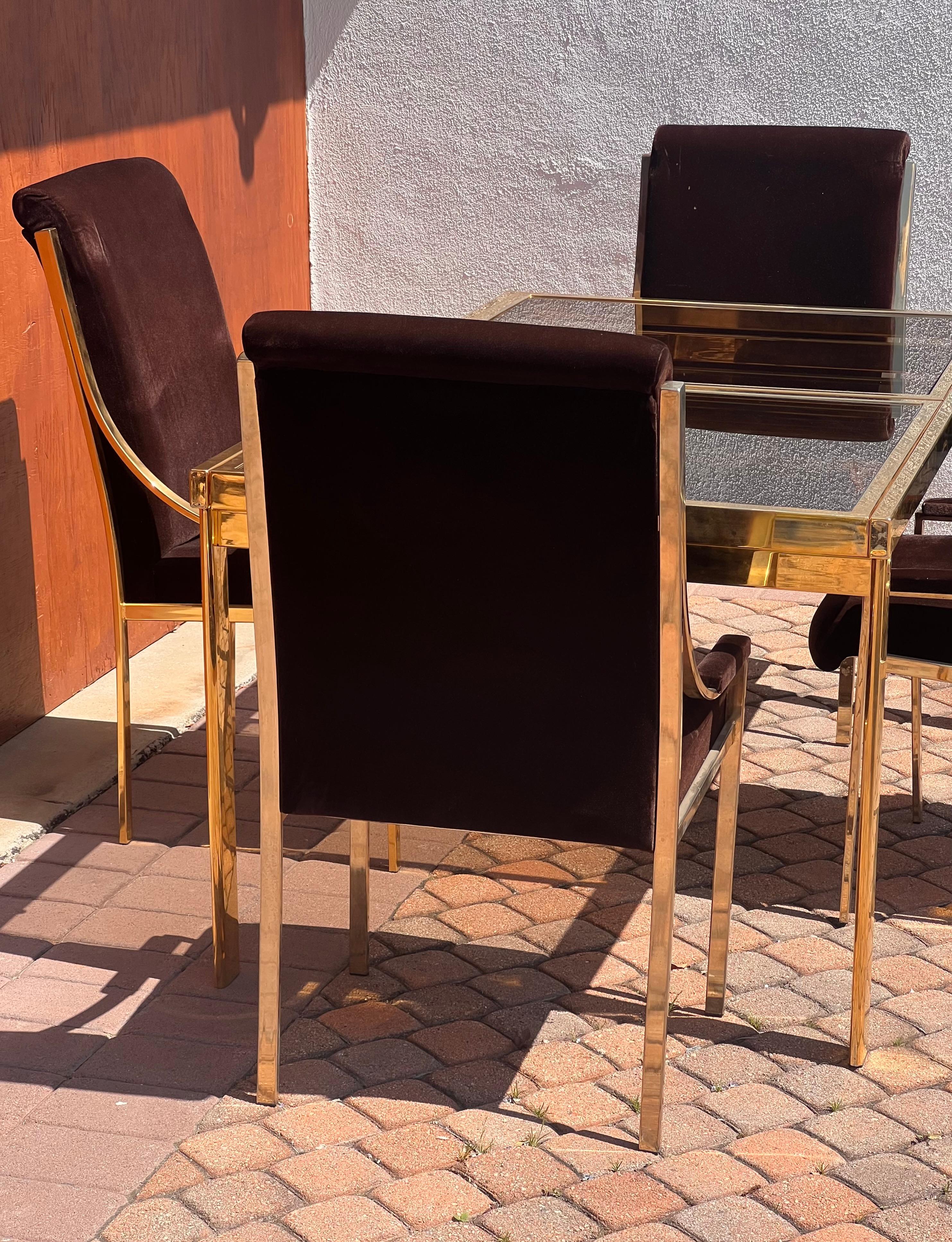 A set of four brass and brown velvet dining room chairs, 20th century For Sale 6
