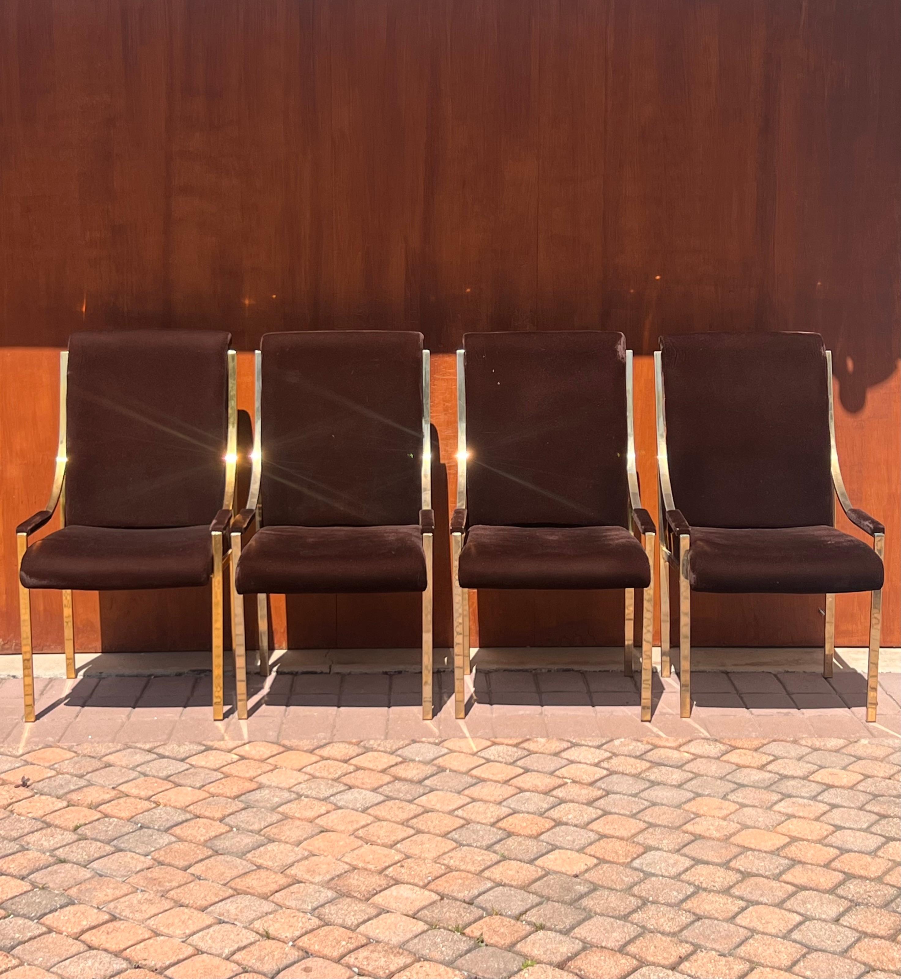 A set of four brass and brown velvet dining room chairs, 20th century For Sale 7