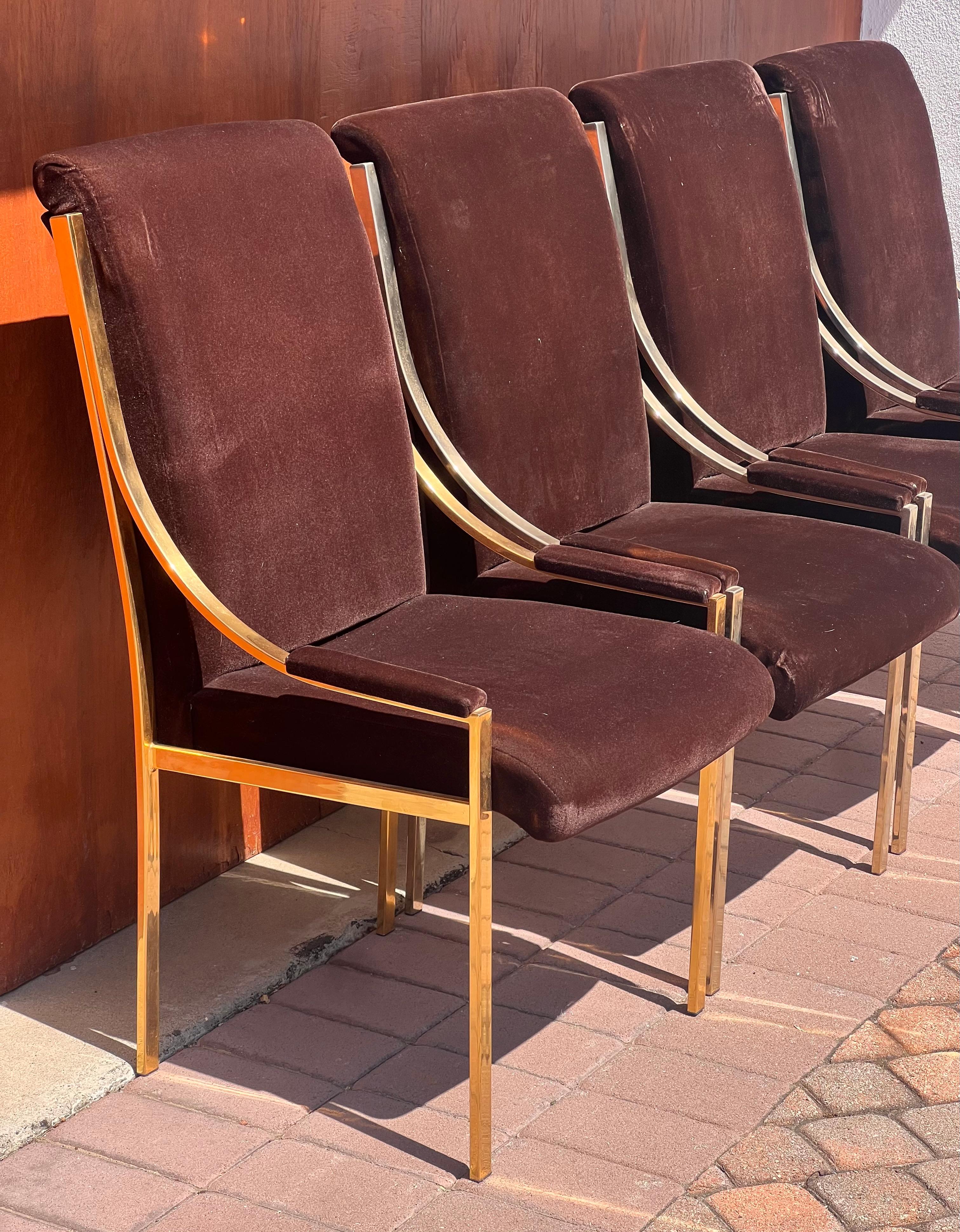 A set of four brass and brown velvet dining room chairs, 20th century For Sale 8