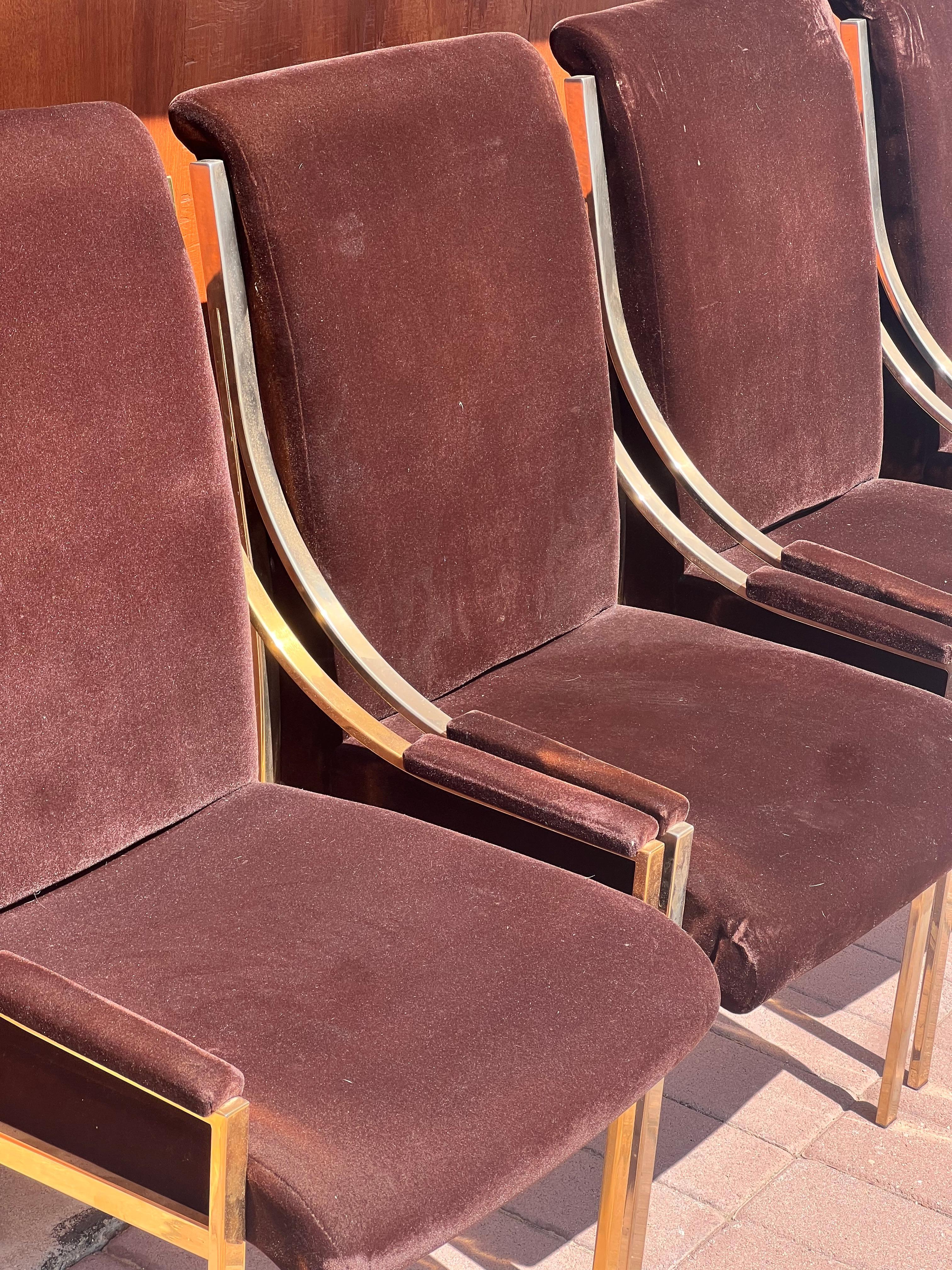 A set of four brass and brown velvet dining room chairs, 20th century For Sale 9