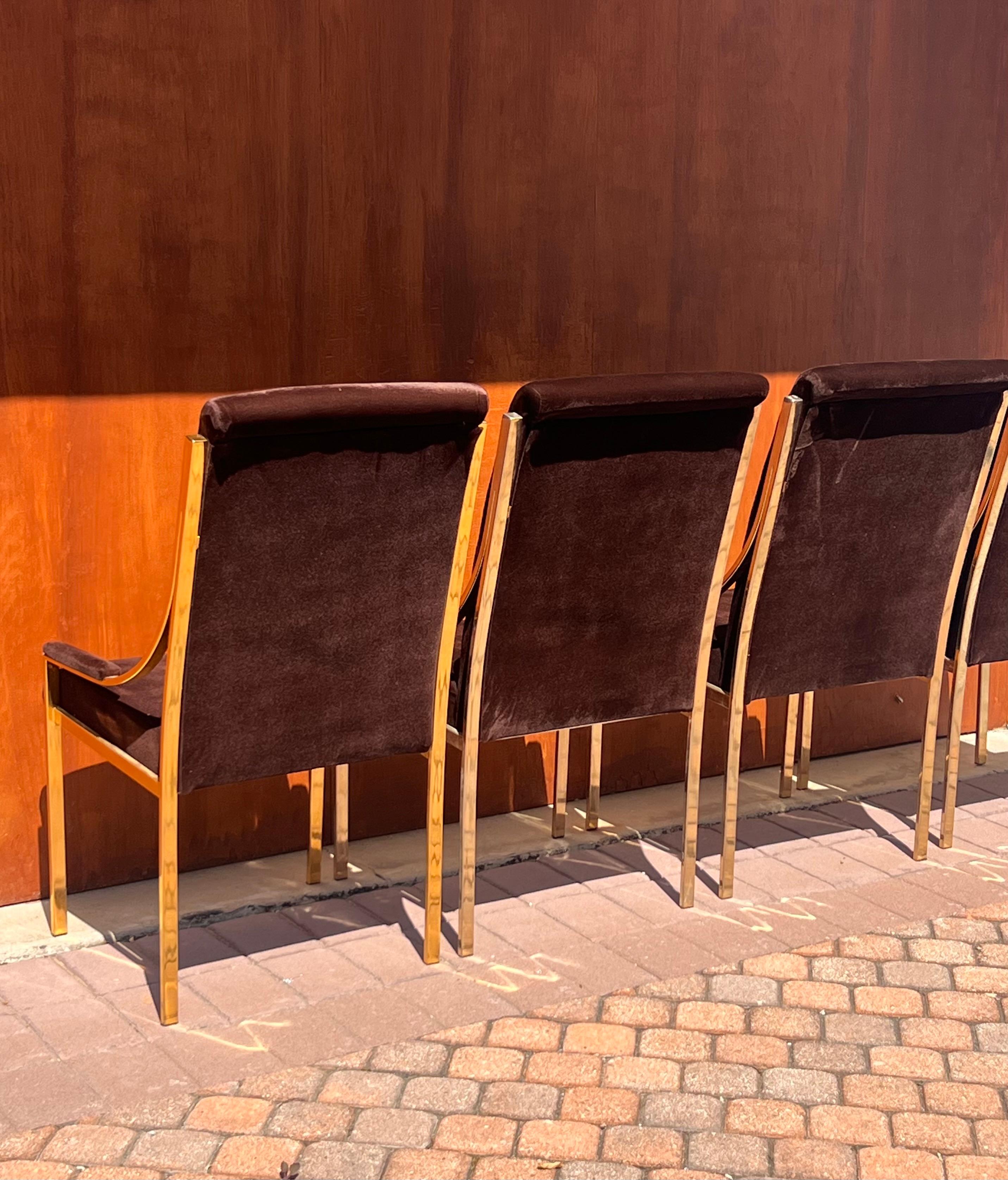 A set of four brass and brown velvet dining room chairs, 20th century For Sale 11