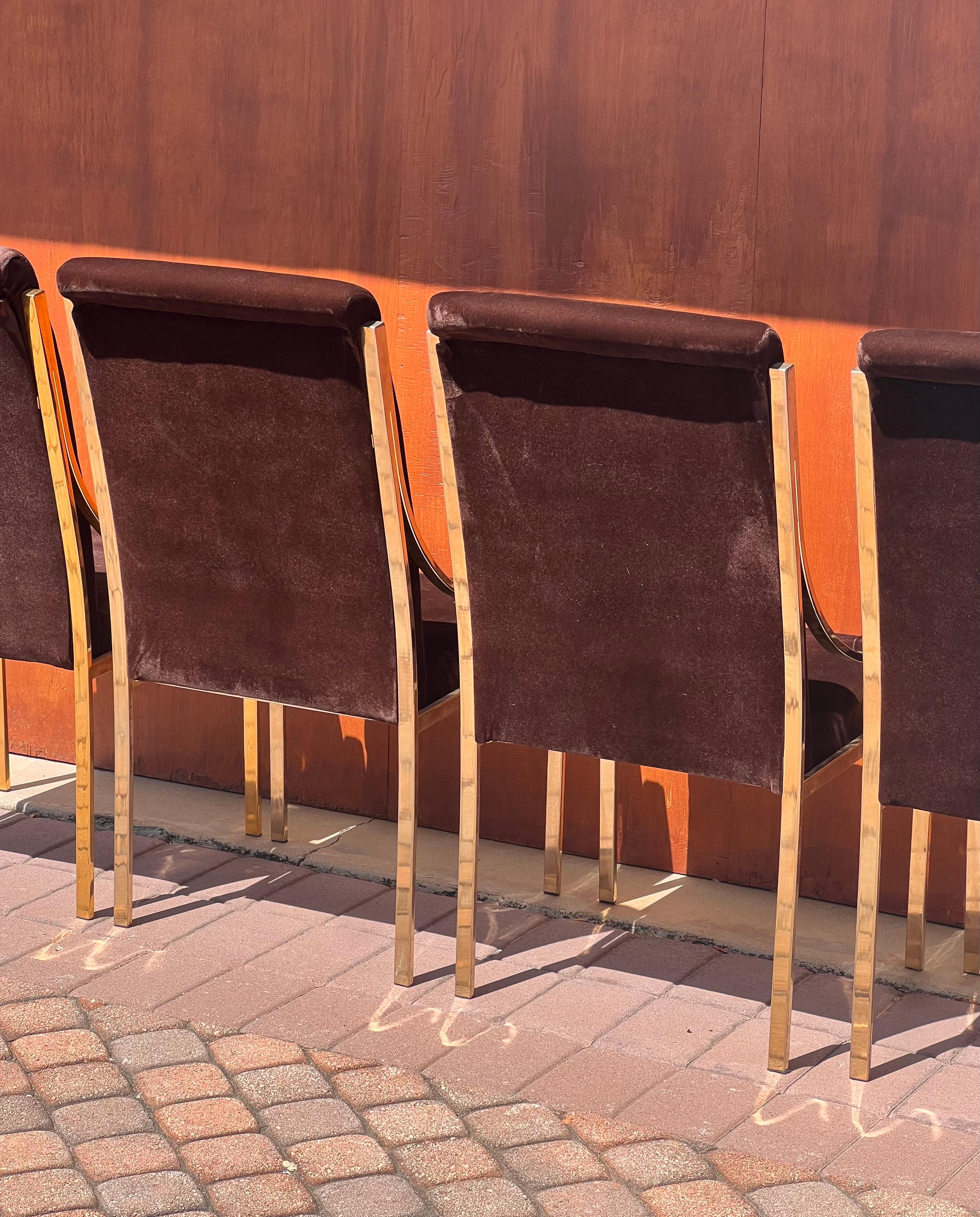A set of four brass and brown velvet dining room chairs, 20th century For Sale 12
