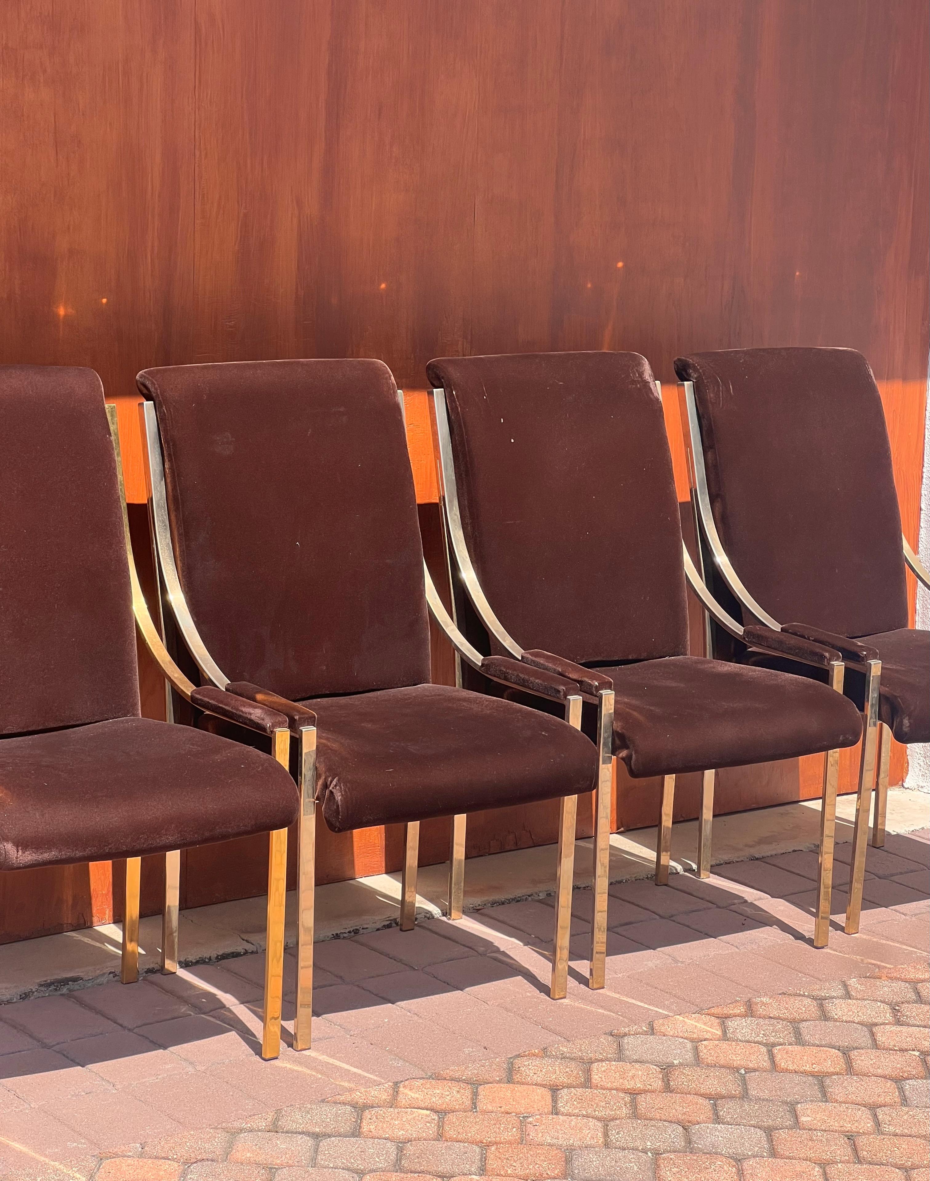 A set of four brass and brown velvet dining room chairs, 20th century For Sale 13