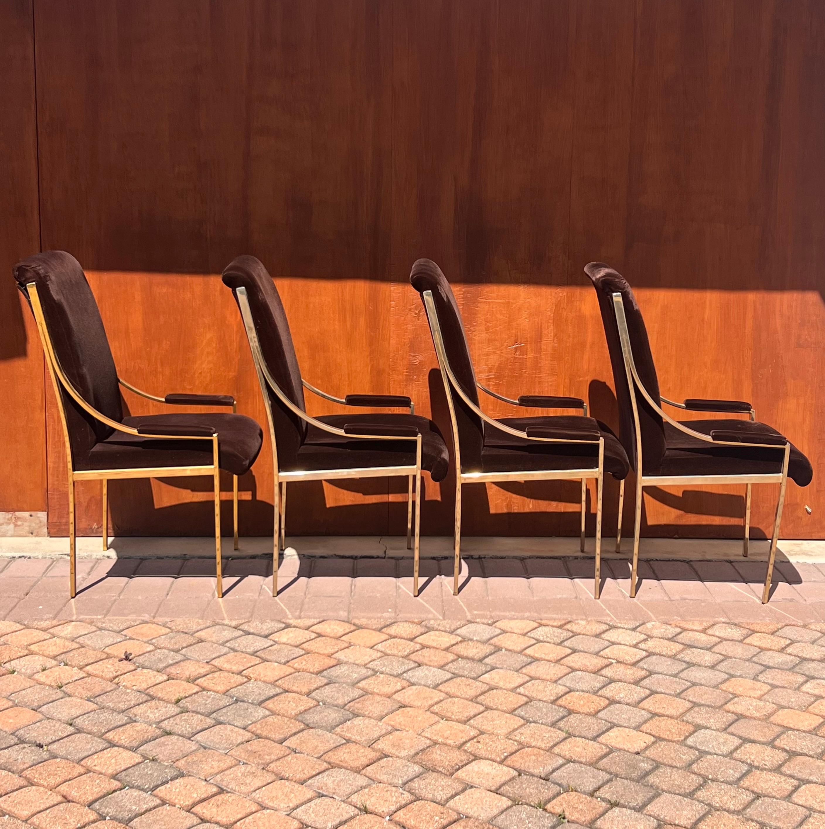 Canadian A set of four brass and brown velvet dining room chairs, 20th century For Sale