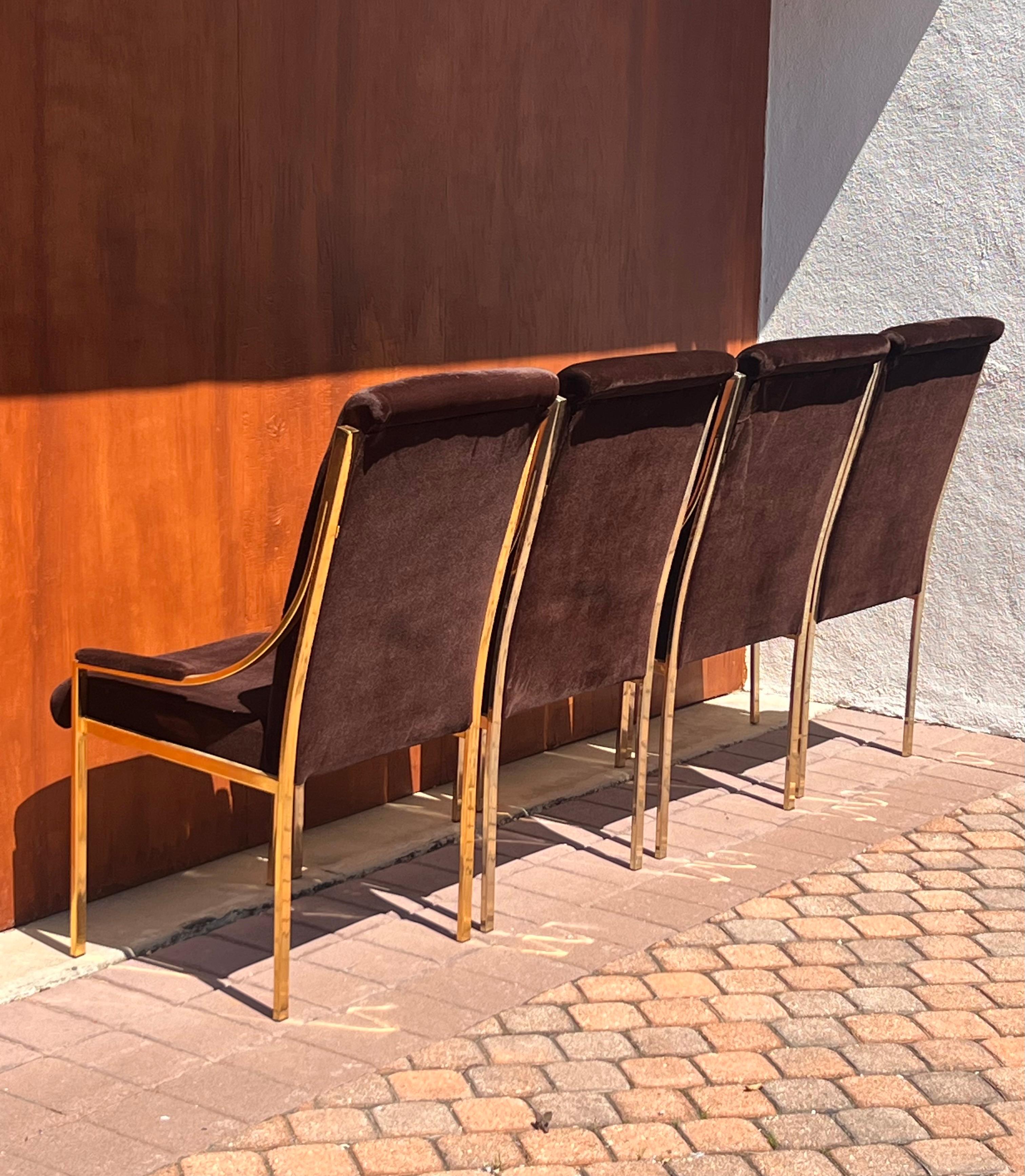A set of four brass and brown velvet dining room chairs, 20th century In Good Condition For Sale In View Park, CA