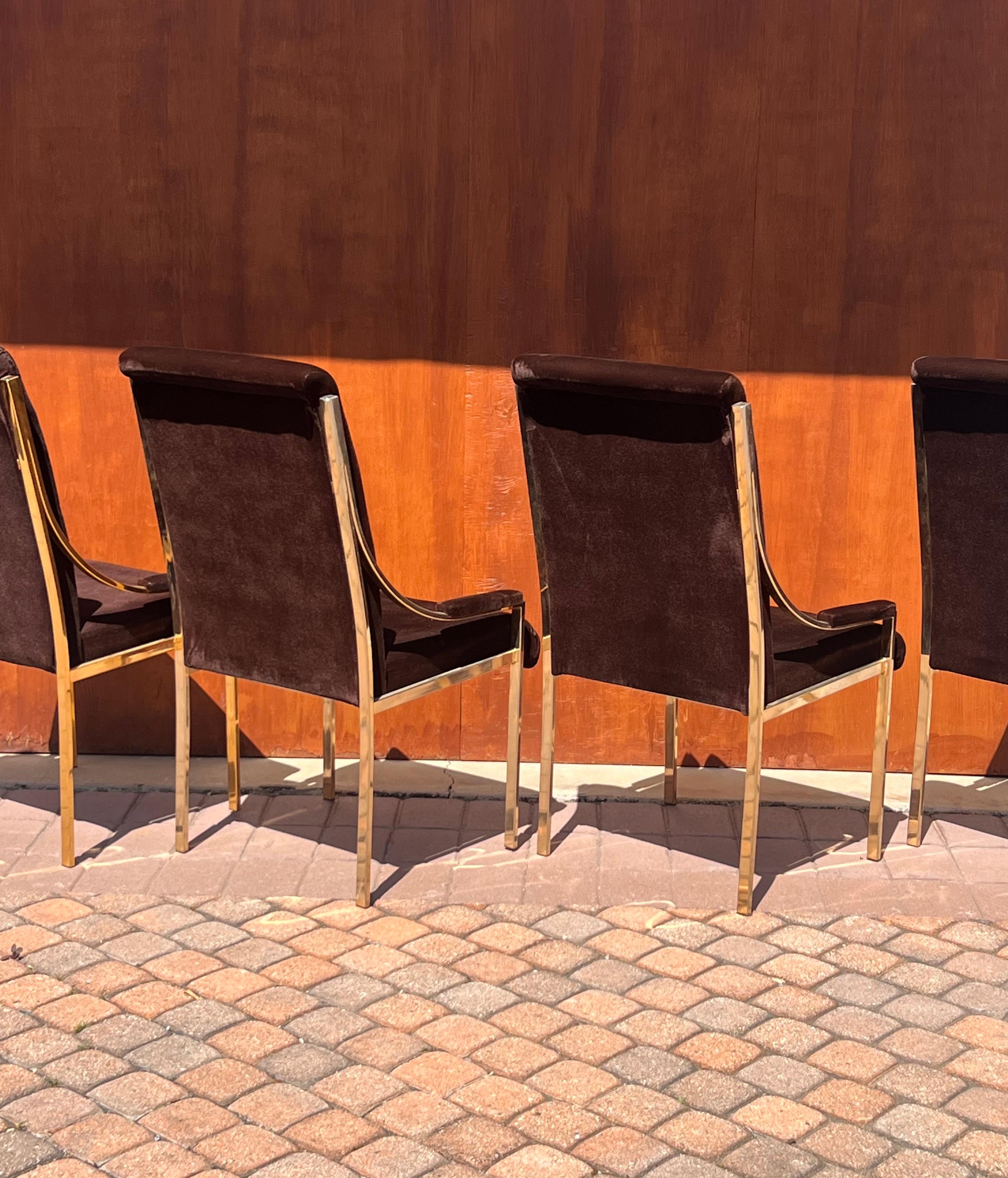 Late 20th Century A set of four brass and brown velvet dining room chairs, 20th century For Sale