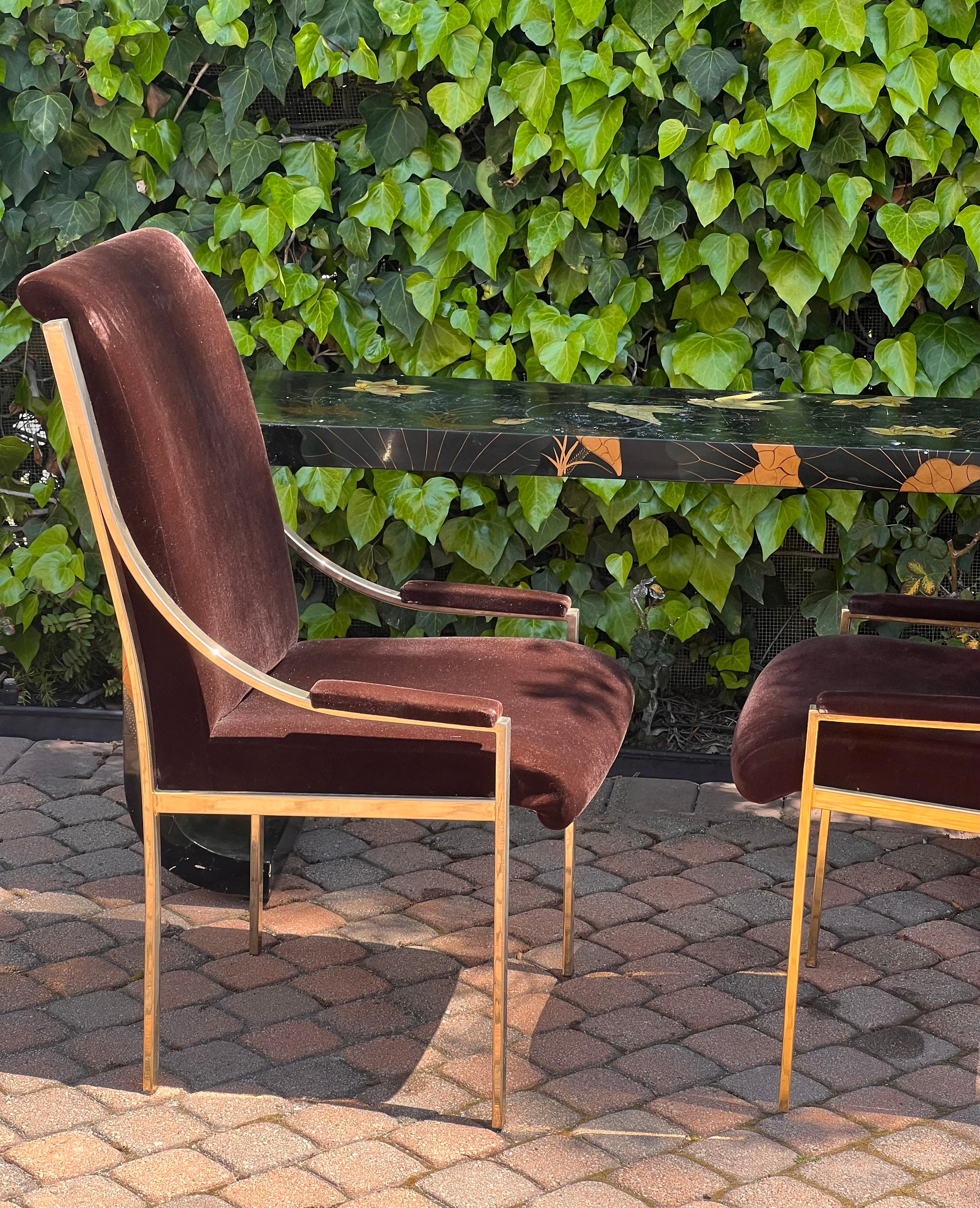 A set of four brass and brown velvet dining room chairs, 20th century For Sale 2