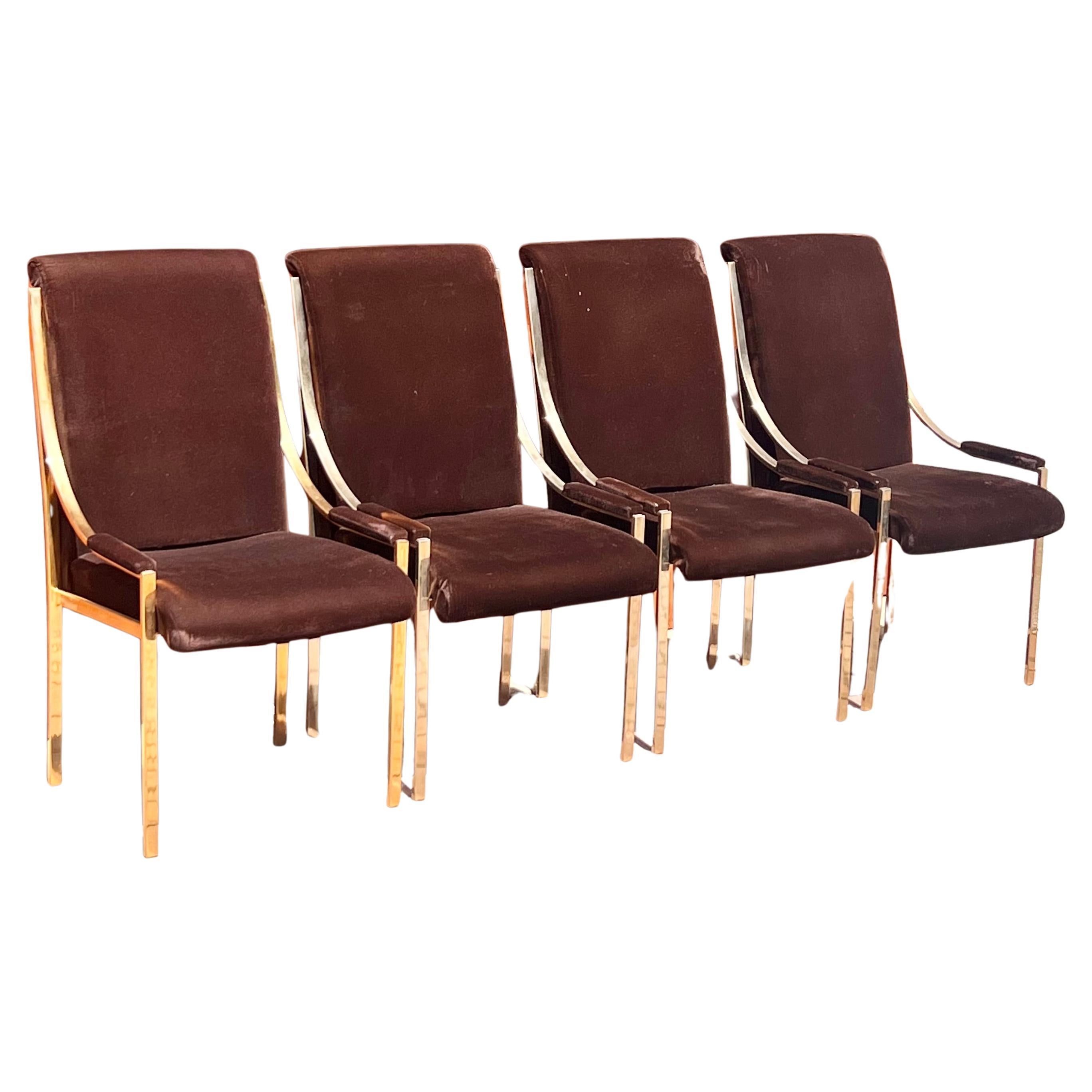 A set of four brass and brown velvet dining room chairs, 20th century For Sale