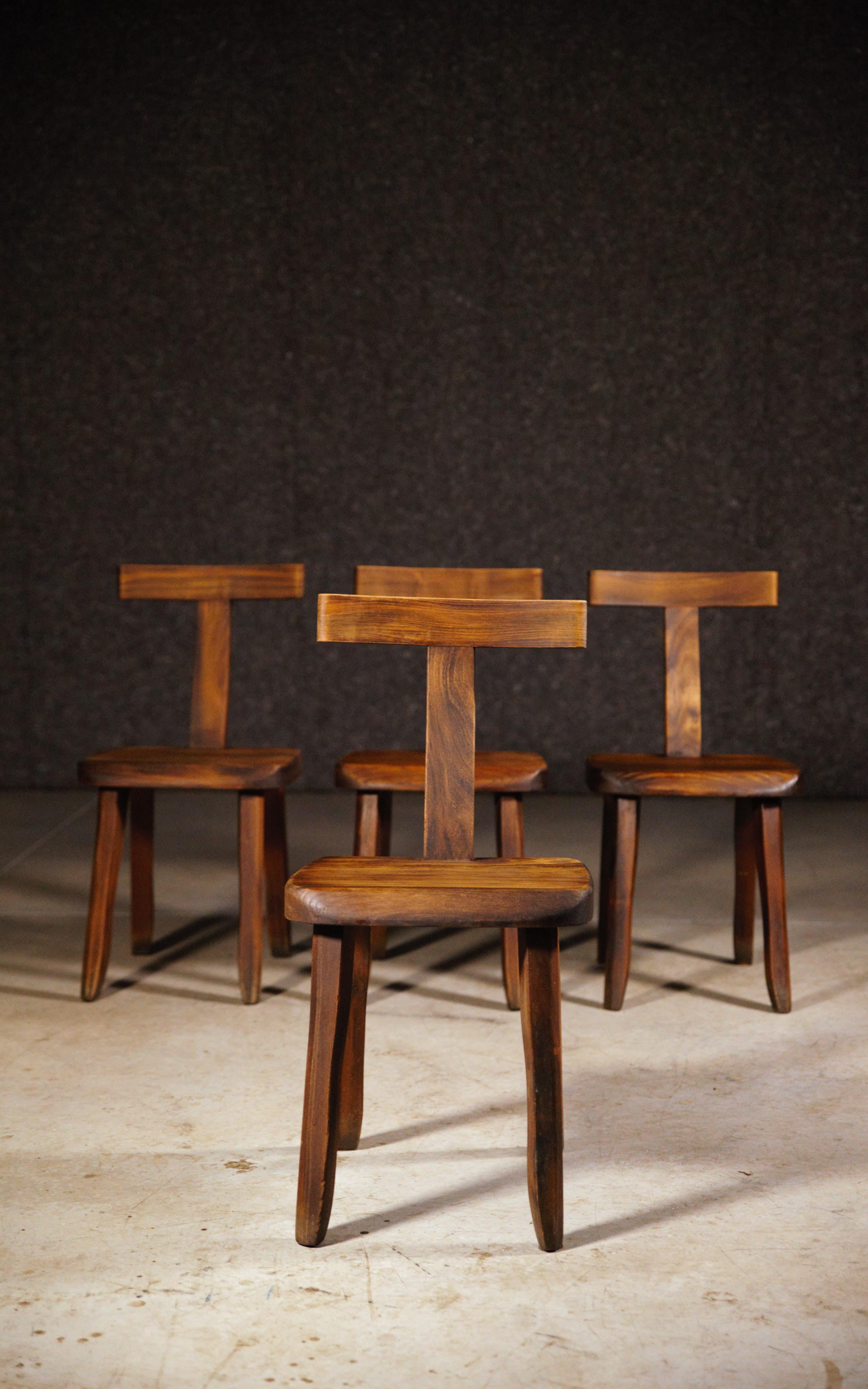 French A Set of Four Brutalist Dining T Chairs by Aranjou France 1960s For Sale