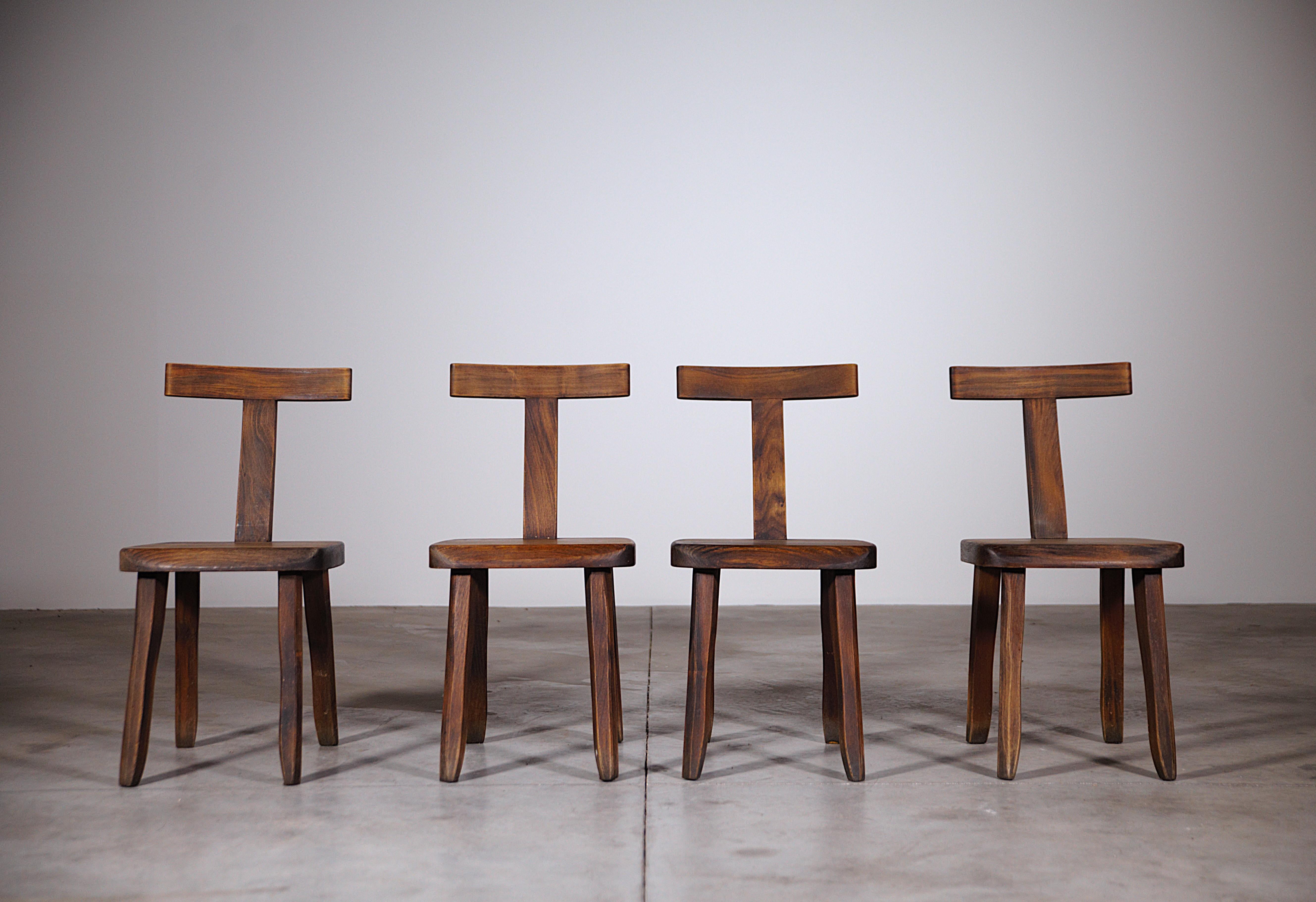 French A Set of Four Brutalist Dining T Chairs by Aranjou France 1960s