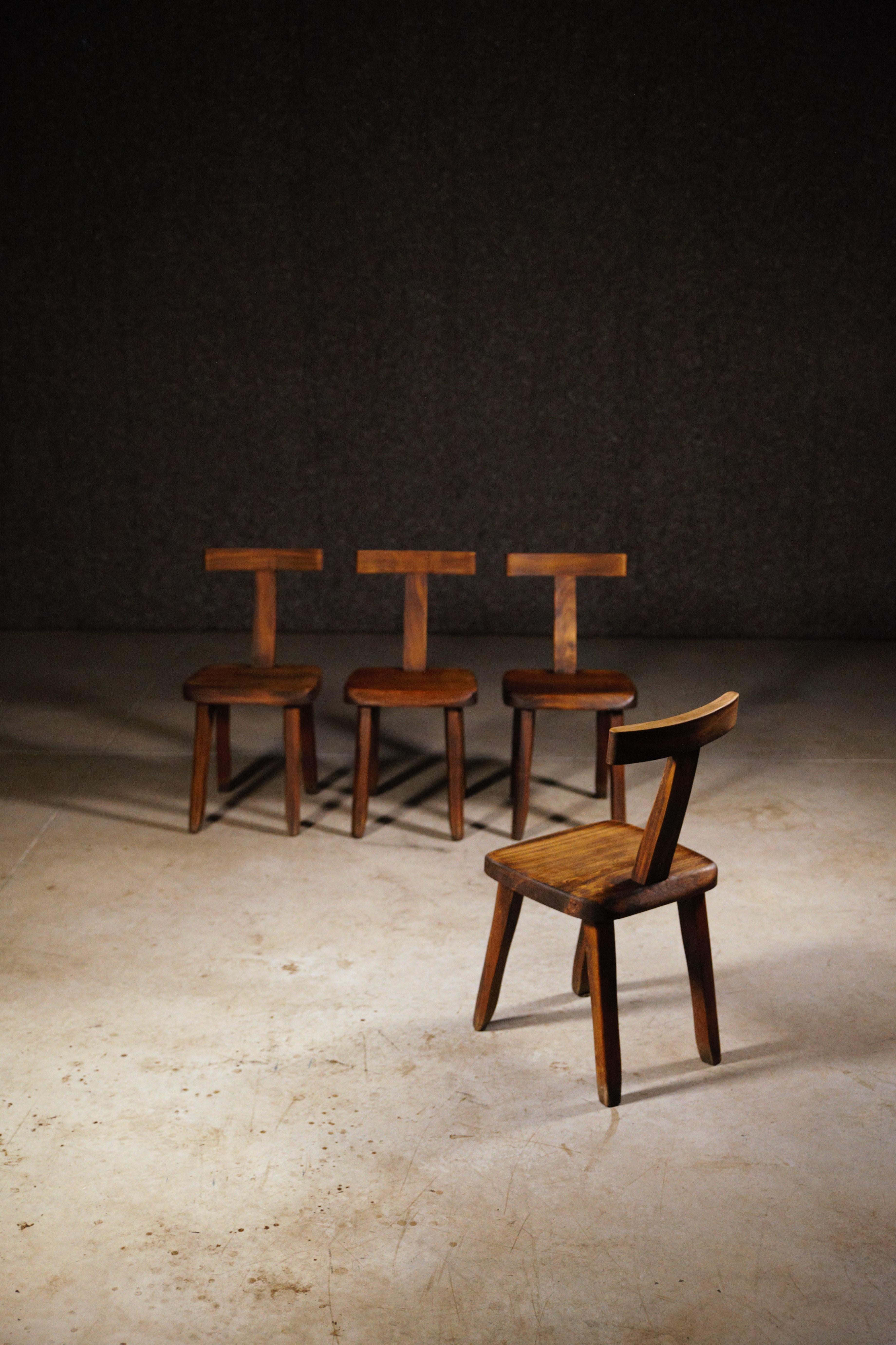 Fin du 20e siècle Ensemble de quatre chaises T de salle à manger brutalistes par Aranjou France, années 1960 en vente