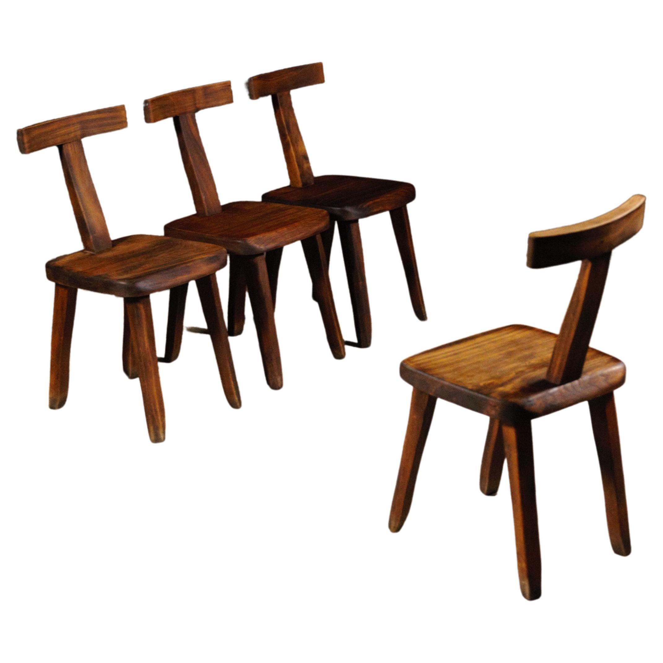 A Set of Four Brutalist Dining T Chairs by Aranjou France 1960s For Sale