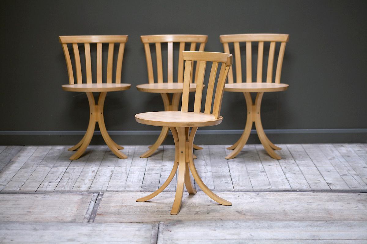 A set of four swivel chairs in birch wood. Designed by Jan Hallberg & Sune Formel for Edsby-verken of Sweden, 1960s. Featuring maker's stamp to underside. 

Birch. 