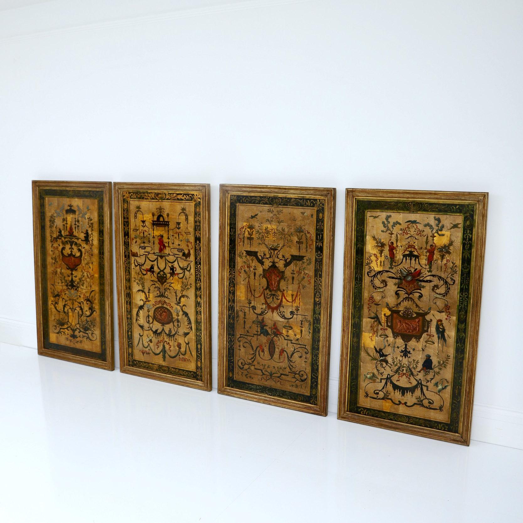 We presents a set of four 19th century paintings on canvas.

France, Circa 1840

” A stunning set of 4 oil on canvas paintings with chinoiserie decoration in the manner of Jean Bérain the Elder (1640-1711) presented in their original moulded