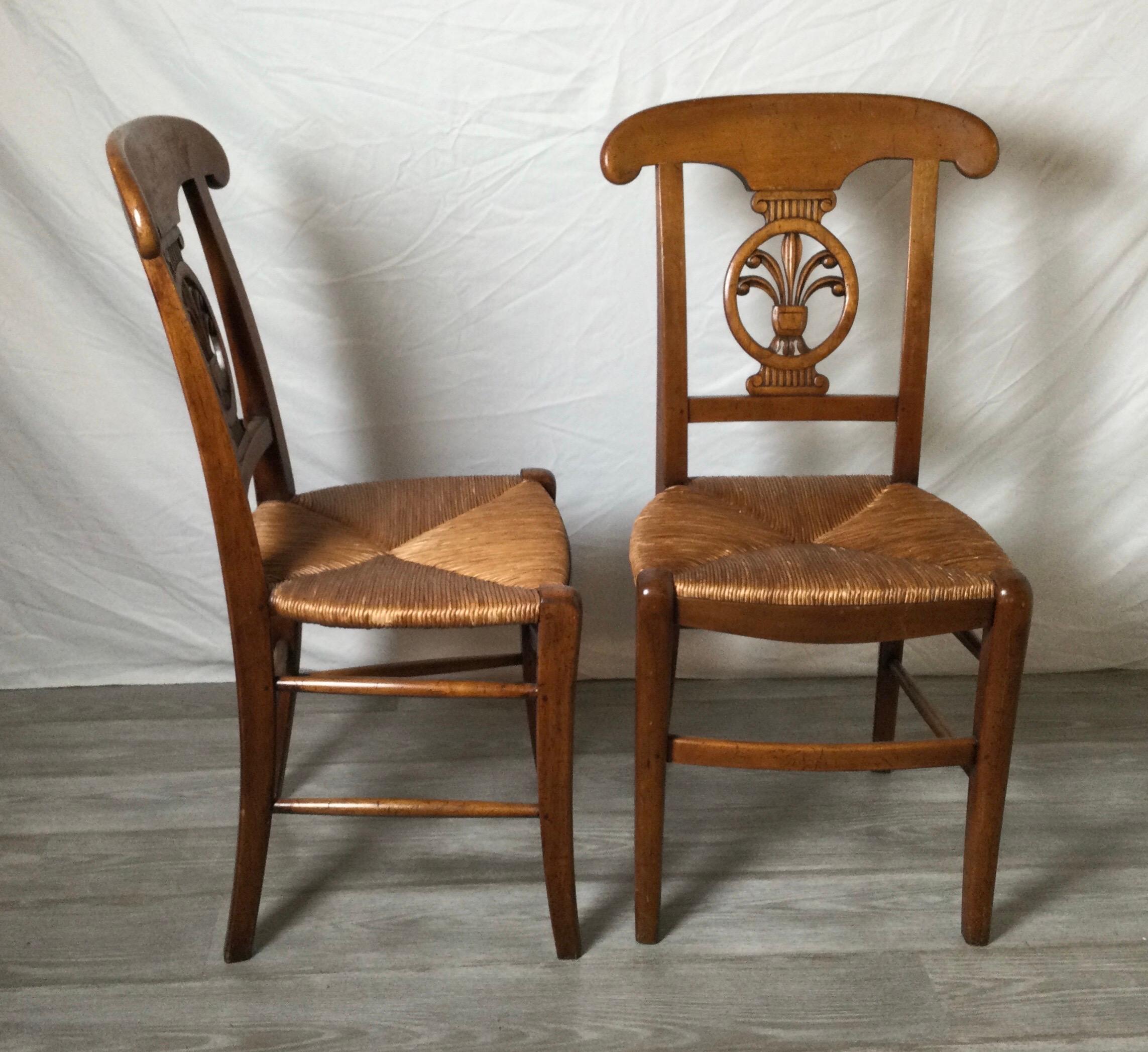 European Set of Four Country French Fruitwood Rush Seat Chairs 