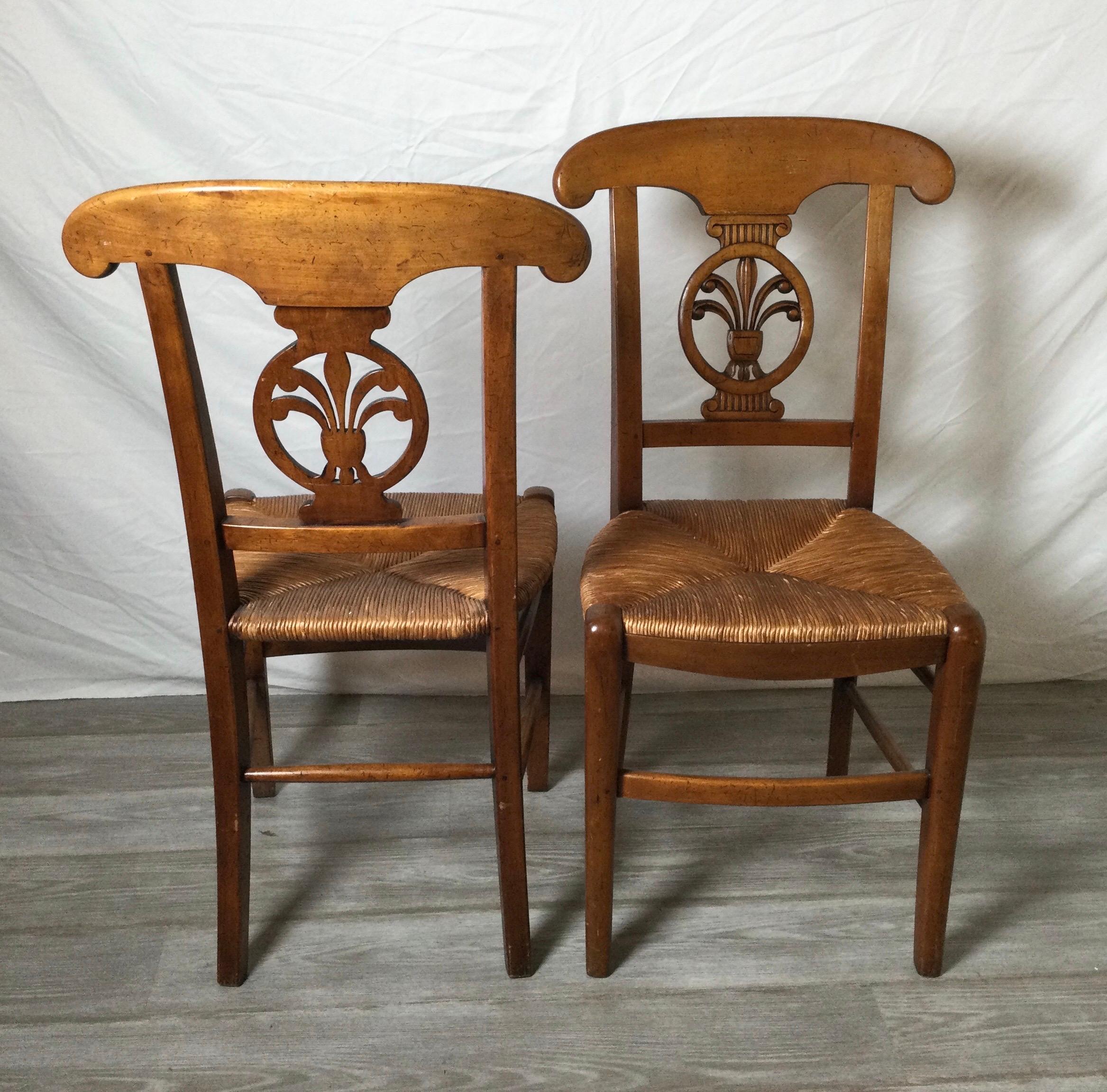 Set of Four Country French Fruitwood Rush Seat Chairs  In Good Condition In Lambertville, NJ