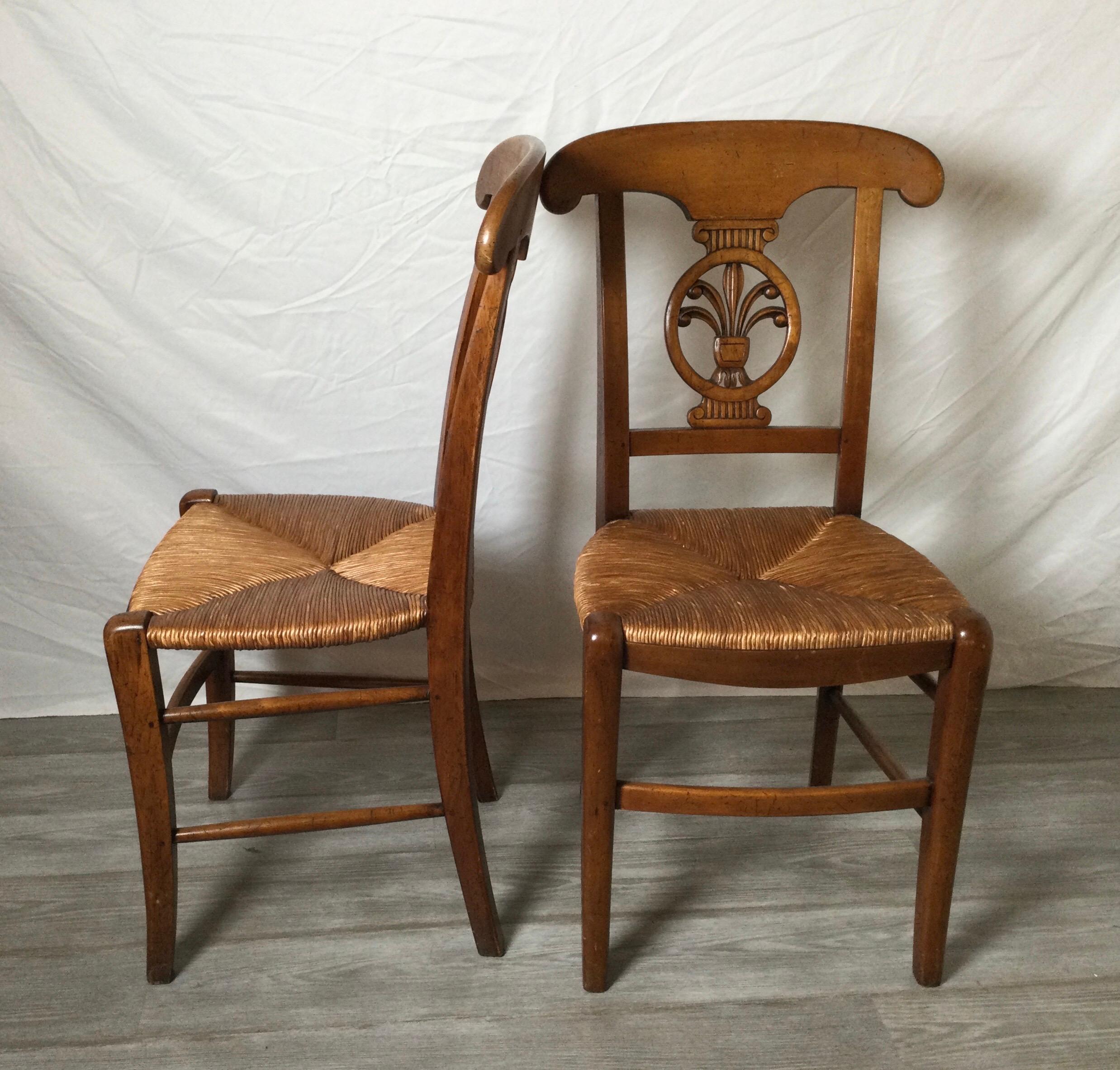 20th Century Set of Four Country French Fruitwood Rush Seat Chairs 