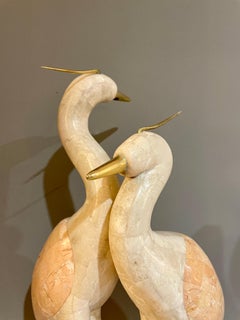 Set of Four Cranes in Tessellated Marble and Brass Sculptures