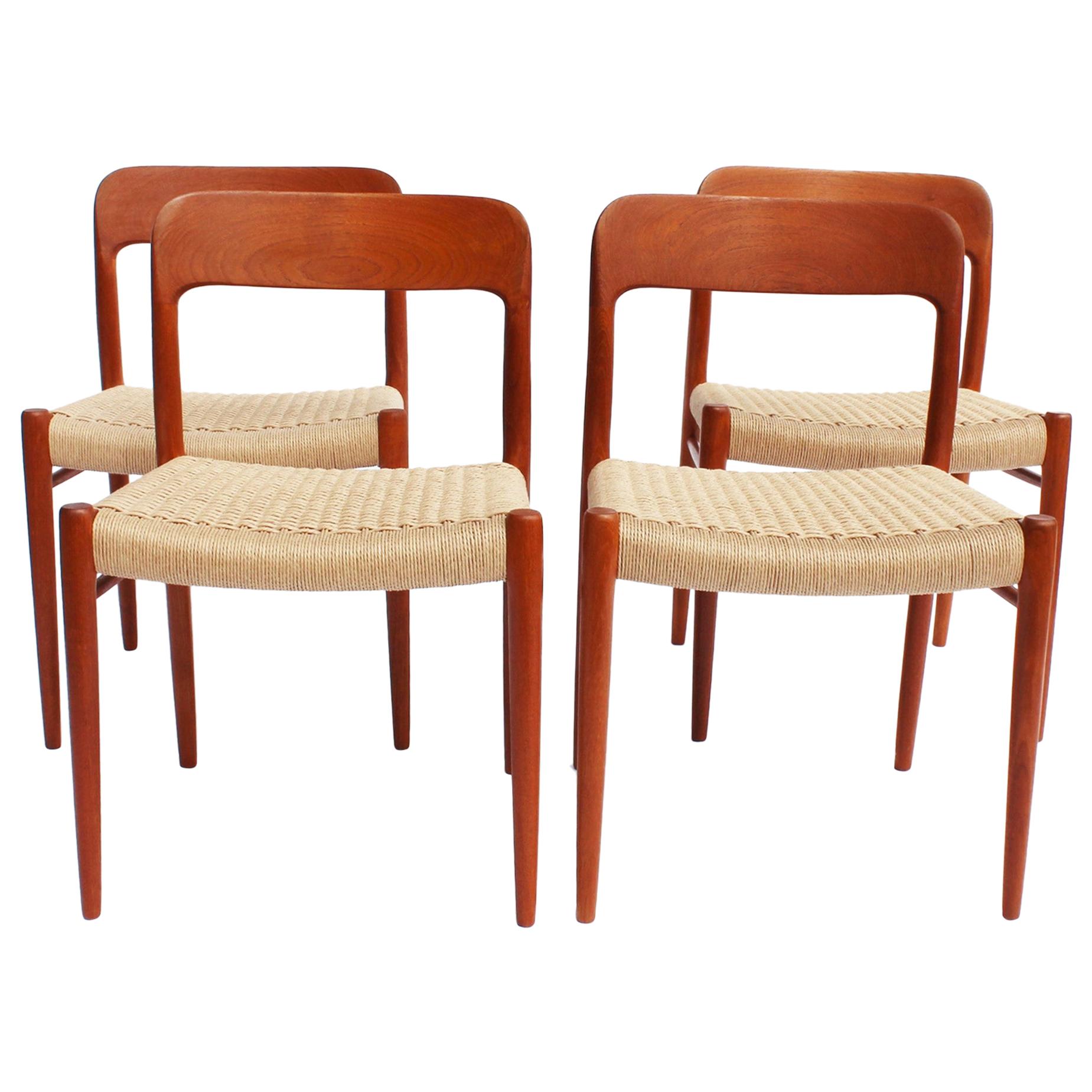 Set of Four Dining Chairs, Model 75, in Teak and Papercord by N.O. Møller