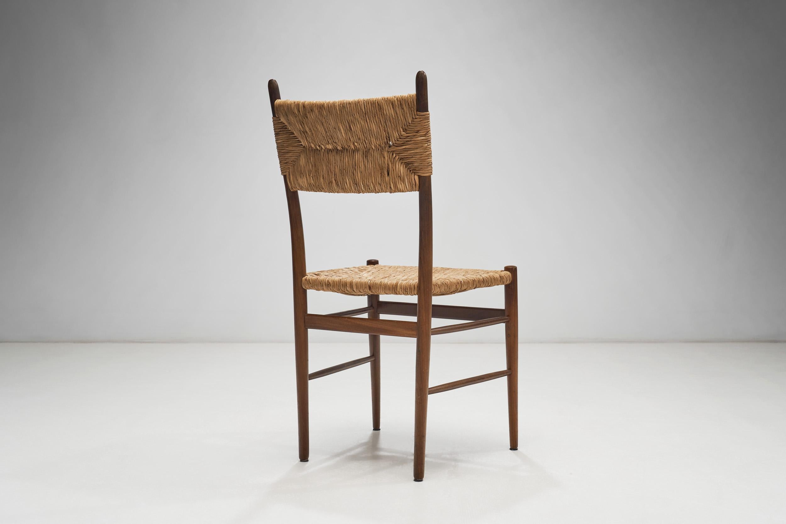 Mid-20th Century A Set of Four Dining Chairs with Woven Straw Seats and Backs, Europe ca 1950s