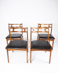 Set Of Four Dining Room Chairs Made In Teak & Black Leather, Danish Design 1960s