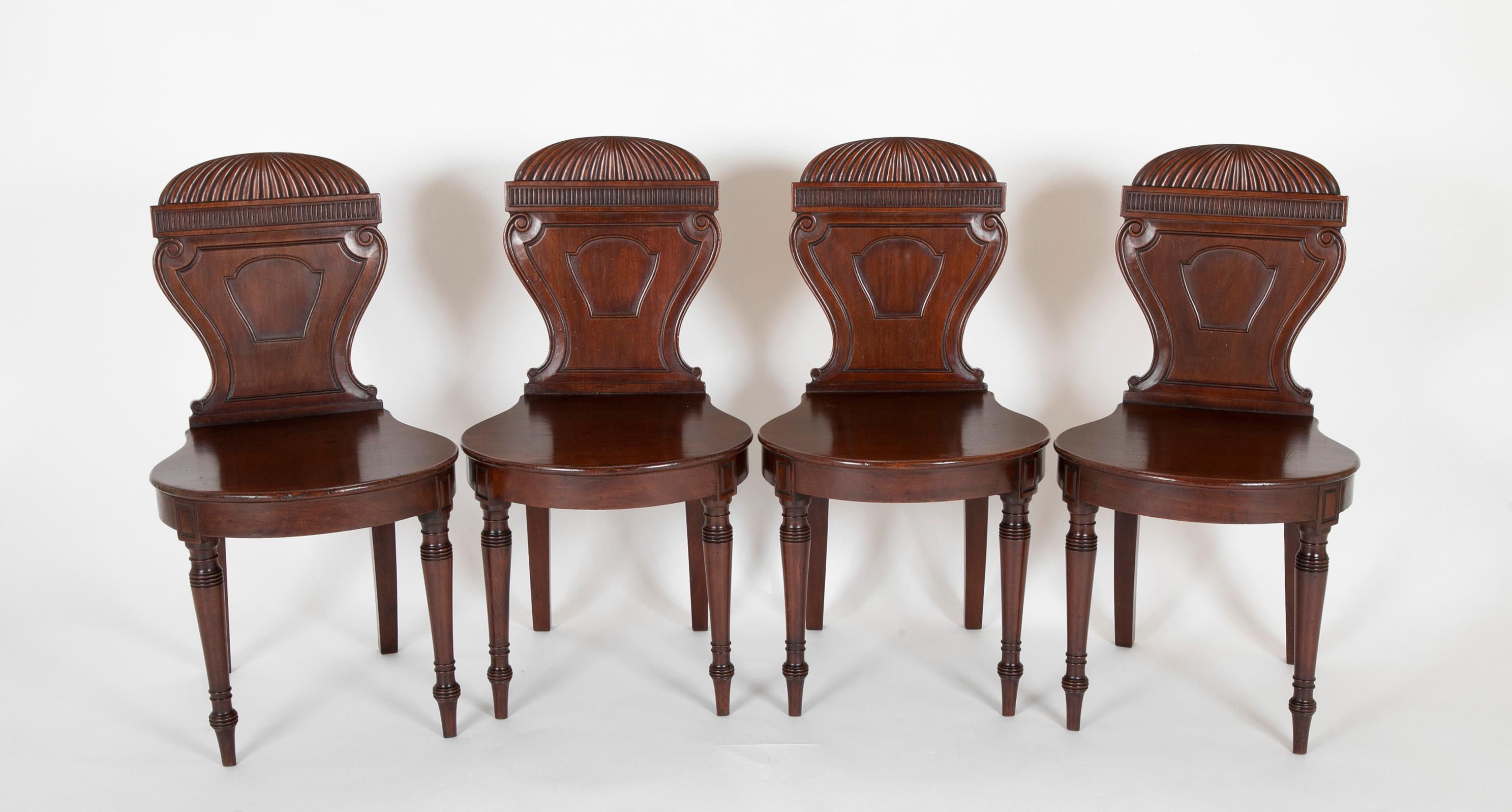 Set of Four English Balloon Back Georgian Hall Chairs In Good Condition In Stamford, CT