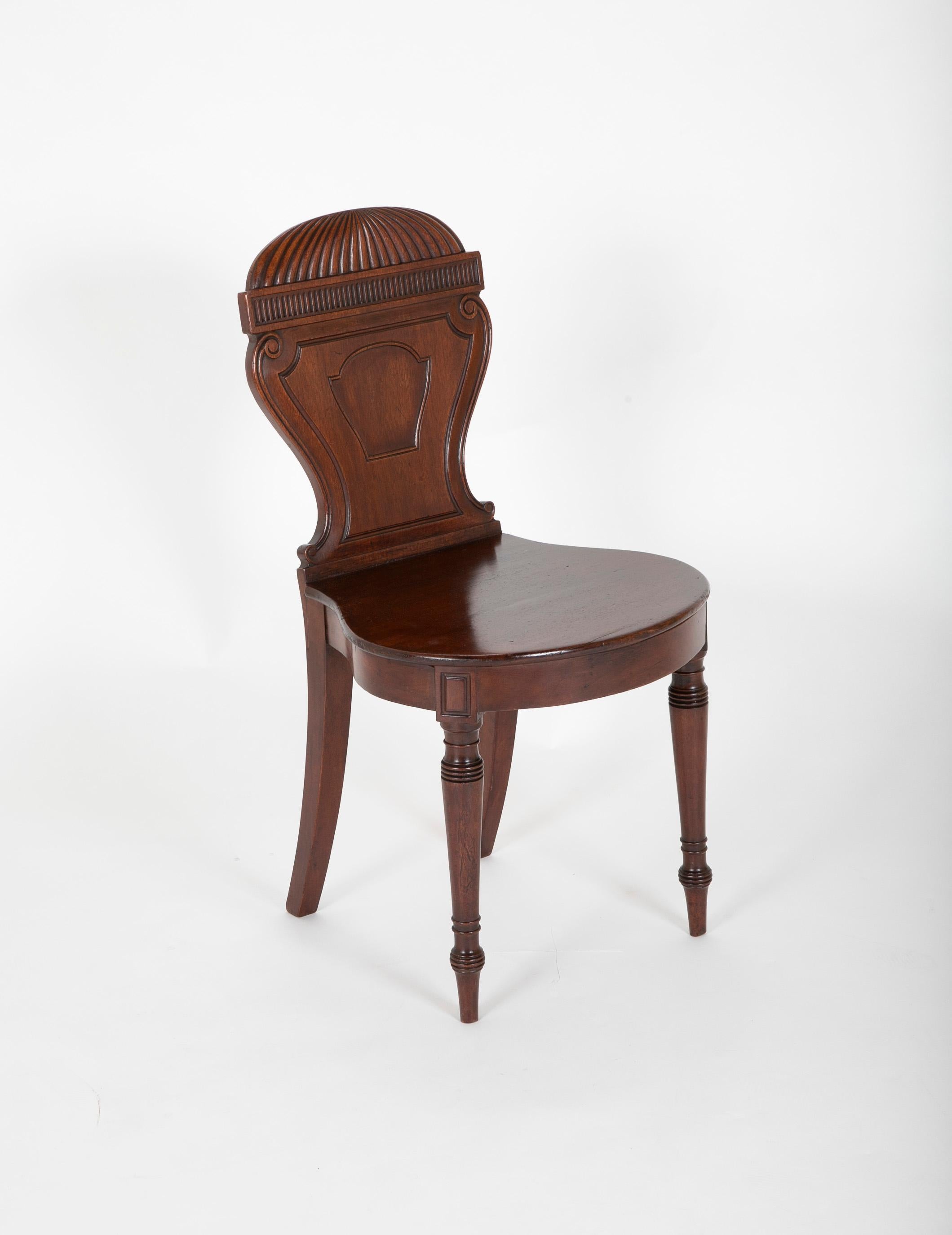 Mahogany Set of Four English Balloon Back Georgian Hall Chairs