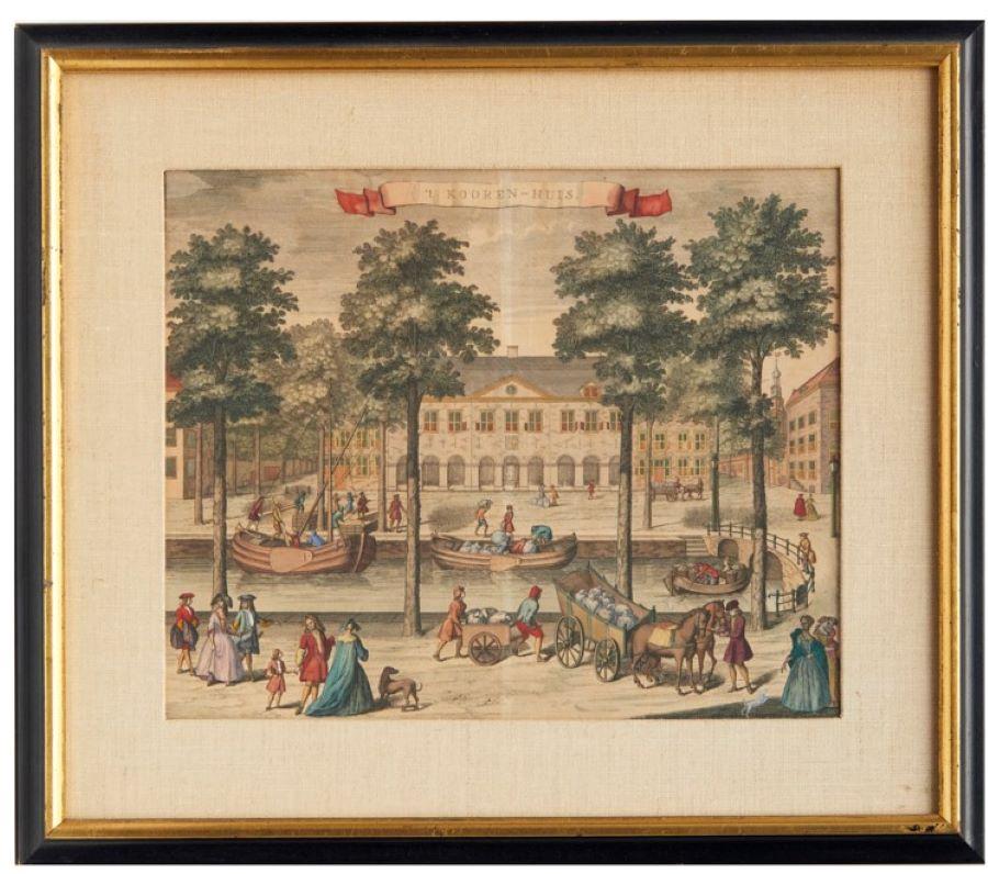 A set of four beautifully framed hand colored engravings by Reiner Boitet, Dutch, after G. V. Giessen, c. 1729. The engravings depict four specific houses of The Hague from the period. Each shows the properties facade and include details of everyday