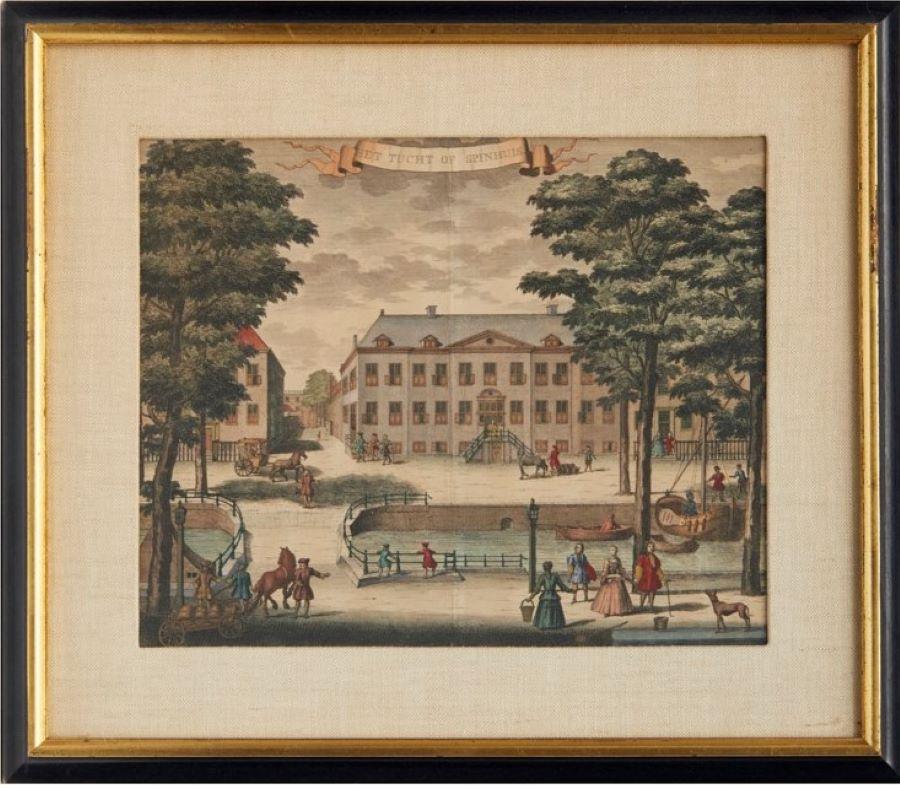 Louis XV Set of Four Framed Dutch Hand Colored Copper Engravings, Houses of The Hague