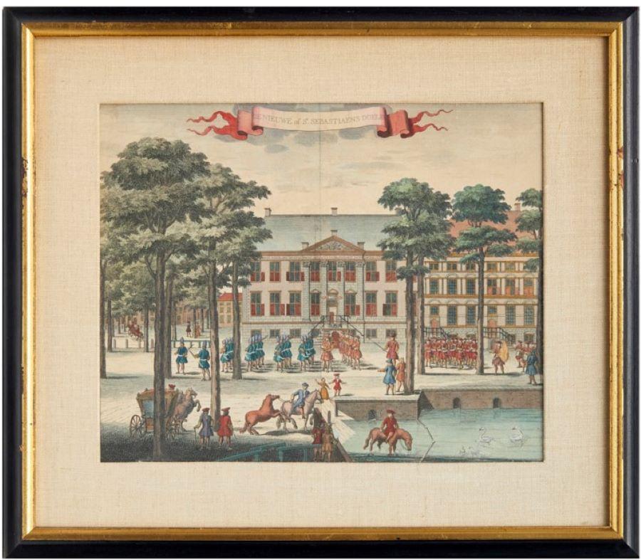 Engraved Set of Four Framed Dutch Hand Colored Copper Engravings, Houses of The Hague
