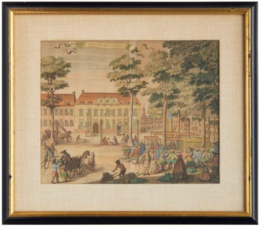 Set of Four Framed Dutch Hand Colored Copper Engravings, Houses of The Hague In Good Condition In Morristown, NJ