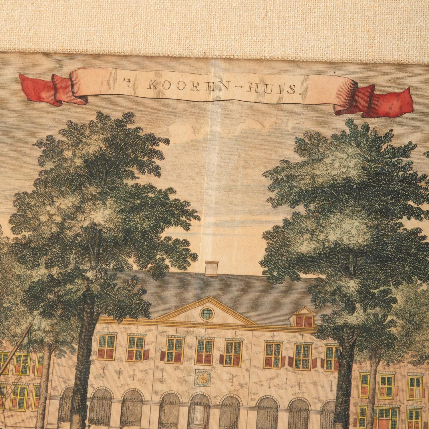Early 18th Century Set of Four Framed Dutch Hand Colored Copper Engravings, Houses of The Hague