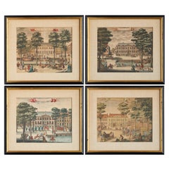 Antique Set of Four Framed Dutch Hand Colored Copper Engravings, Houses of The Hague